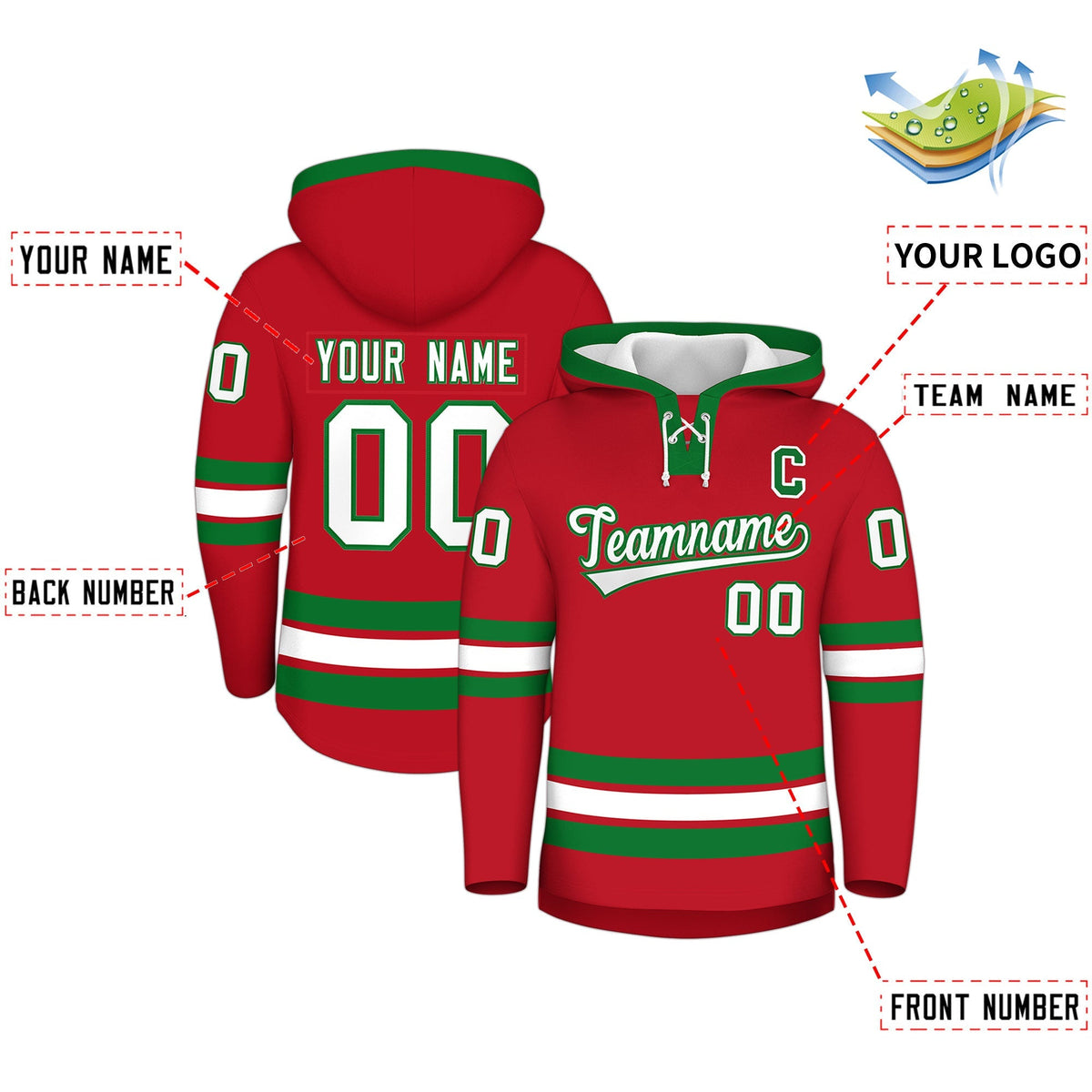 Custom Hockey Hoodie Jersey Red Kelly Green Classic Style for Men&amp;Youth