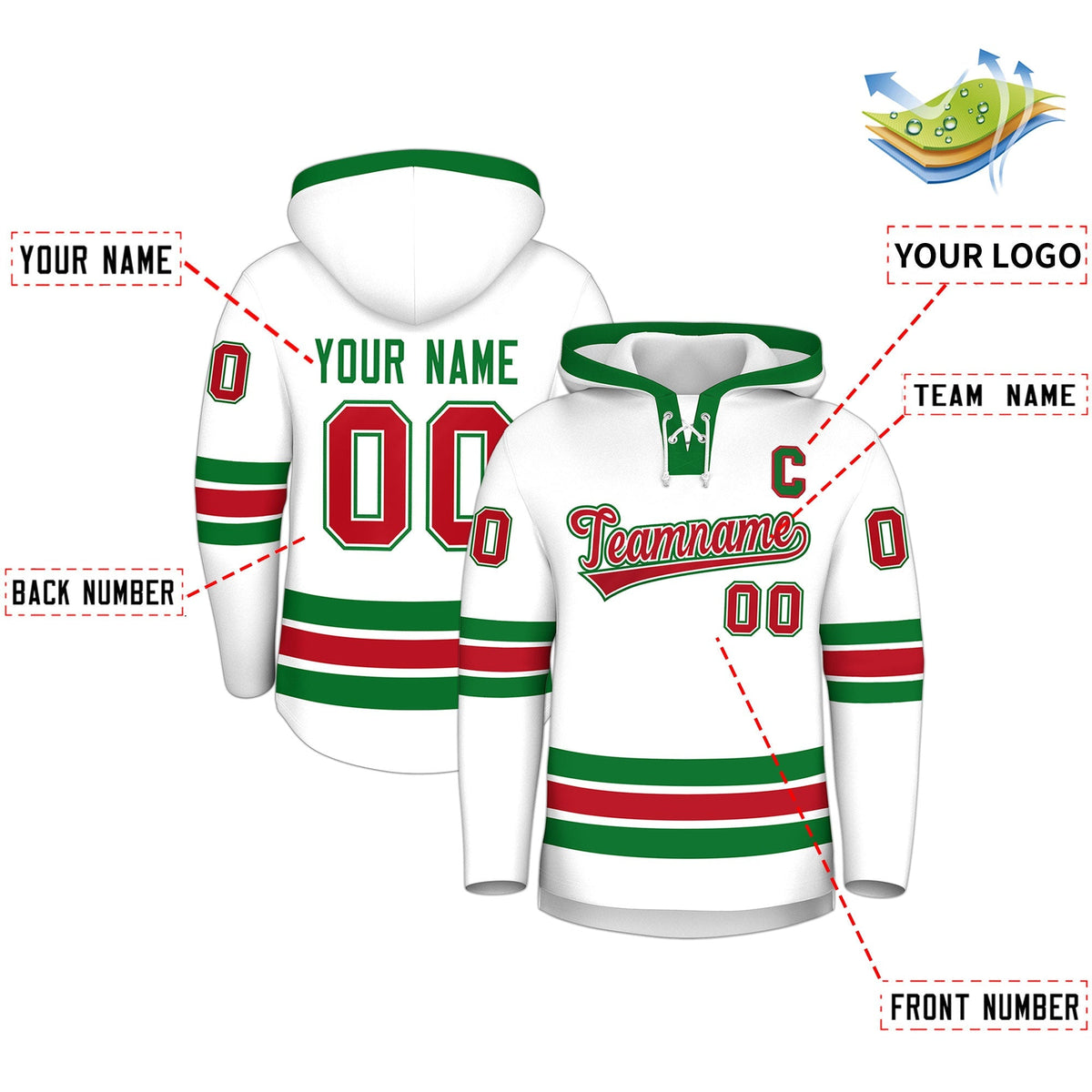 Custom Hockey Hoodie Jersey White Kelly Green Classic Style Add Name,Number &amp; Logo