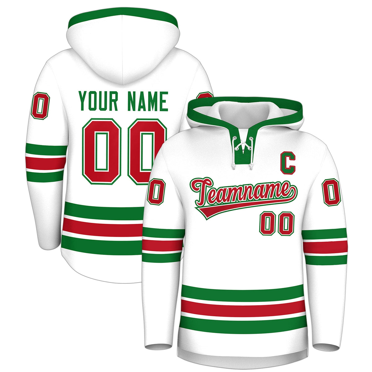 Custom Hockey Hoodie Jersey White Kelly Green Classic Style Add Name,Number &amp; Logo