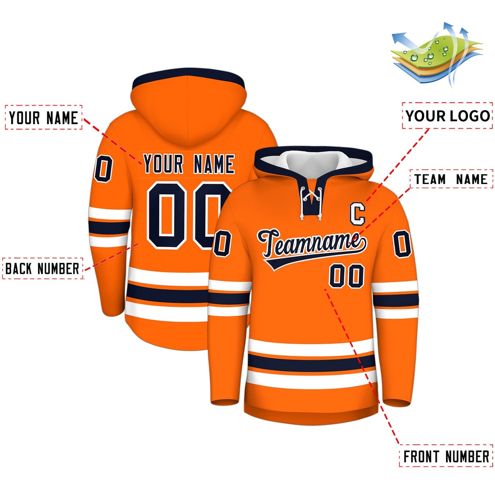 Custom Hockey Hoodie Jersey Orange Navy Classic Style Add Name,Number & Logo