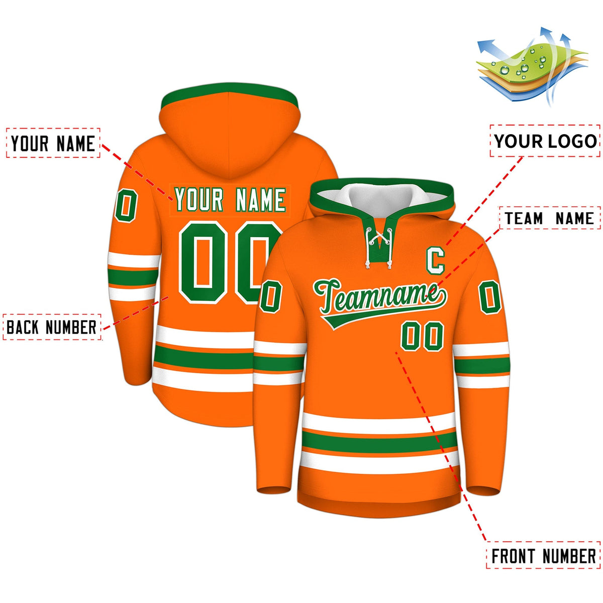 Custom Hockey Hoodie Jersey Orange Kelly Green Classic Style Add Name,Number &amp; Logo