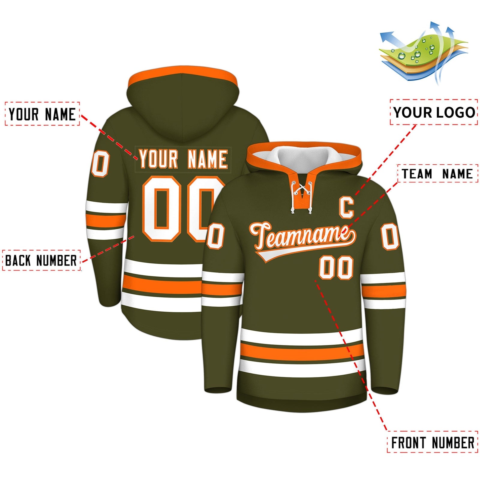Custom Hockey Hoodie Jersey Olive Orange Classic Style for Men&Youth
