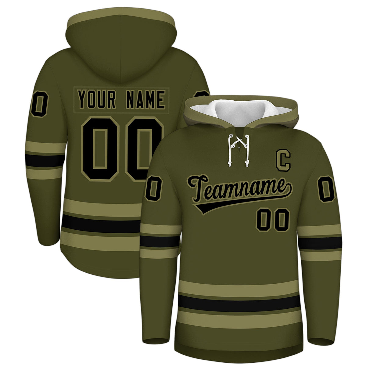 Custom Hockey Hoodie Jersey Olive Black Classic Style Add Name,Number &amp; Logo