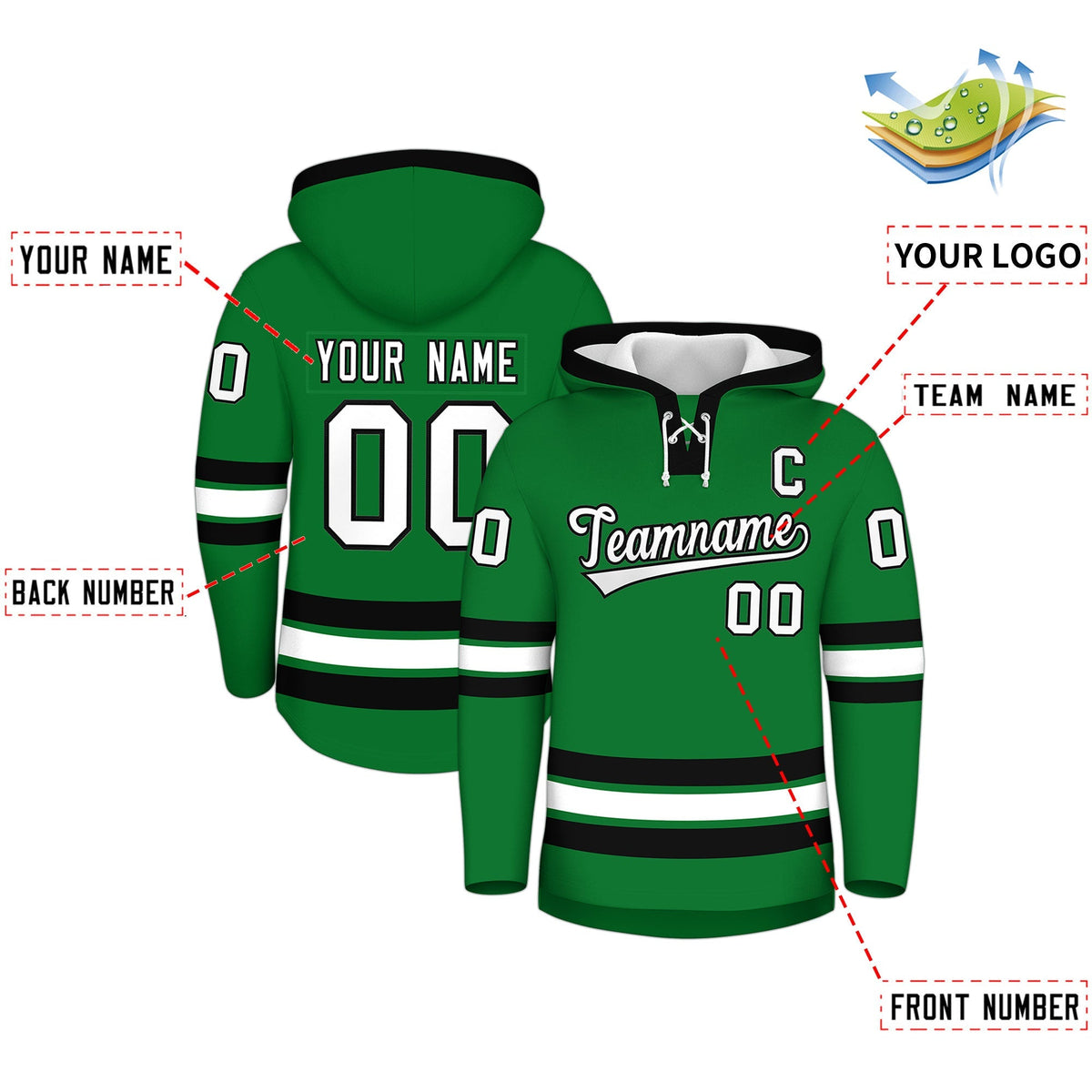 Custom Hockey Hoodie Jersey Kelly Green Black Classic Style for Men&amp;Youth