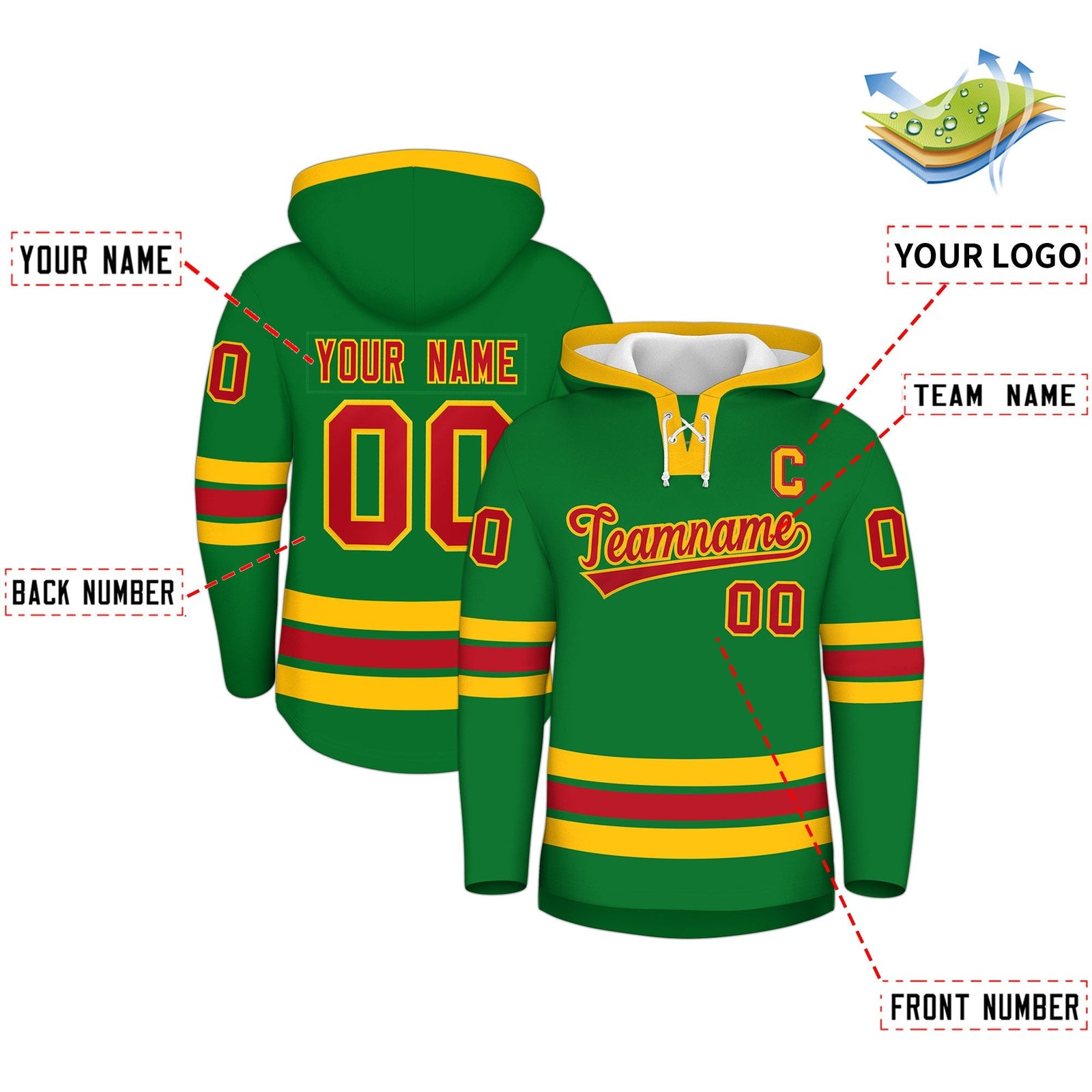 Custom Hockey Hoodie Jersey Kelly Green Red Classic Style Add Name,Number & Logo