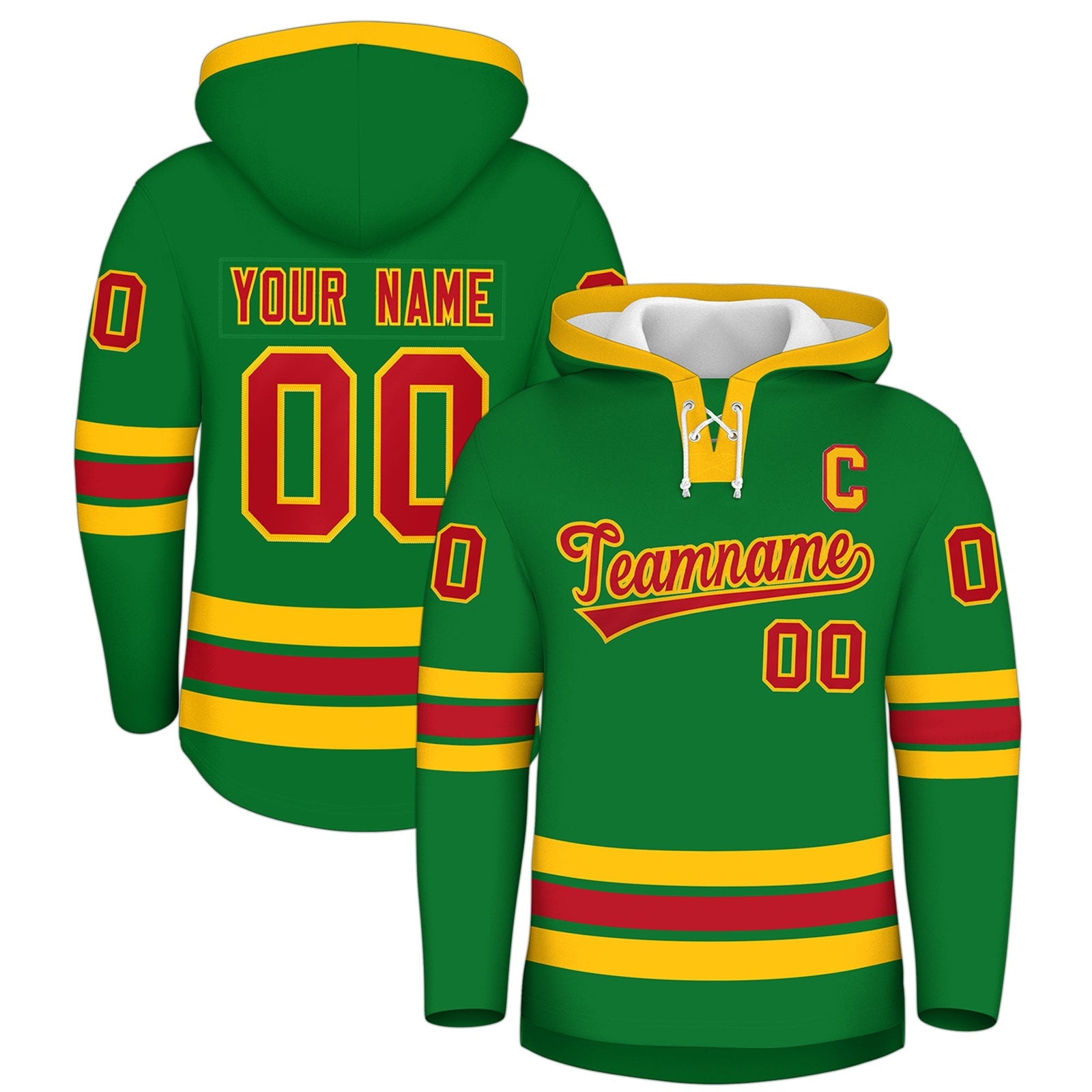 Custom Hockey Hoodie Jersey Kelly Green Red Classic Style Add Name,Number & Logo