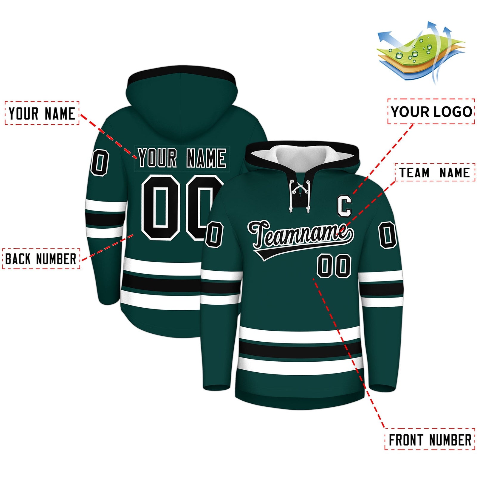 Custom Hockey Hoodie Jersey Midnight Green Black Classic Style Add Name,Number & Logo