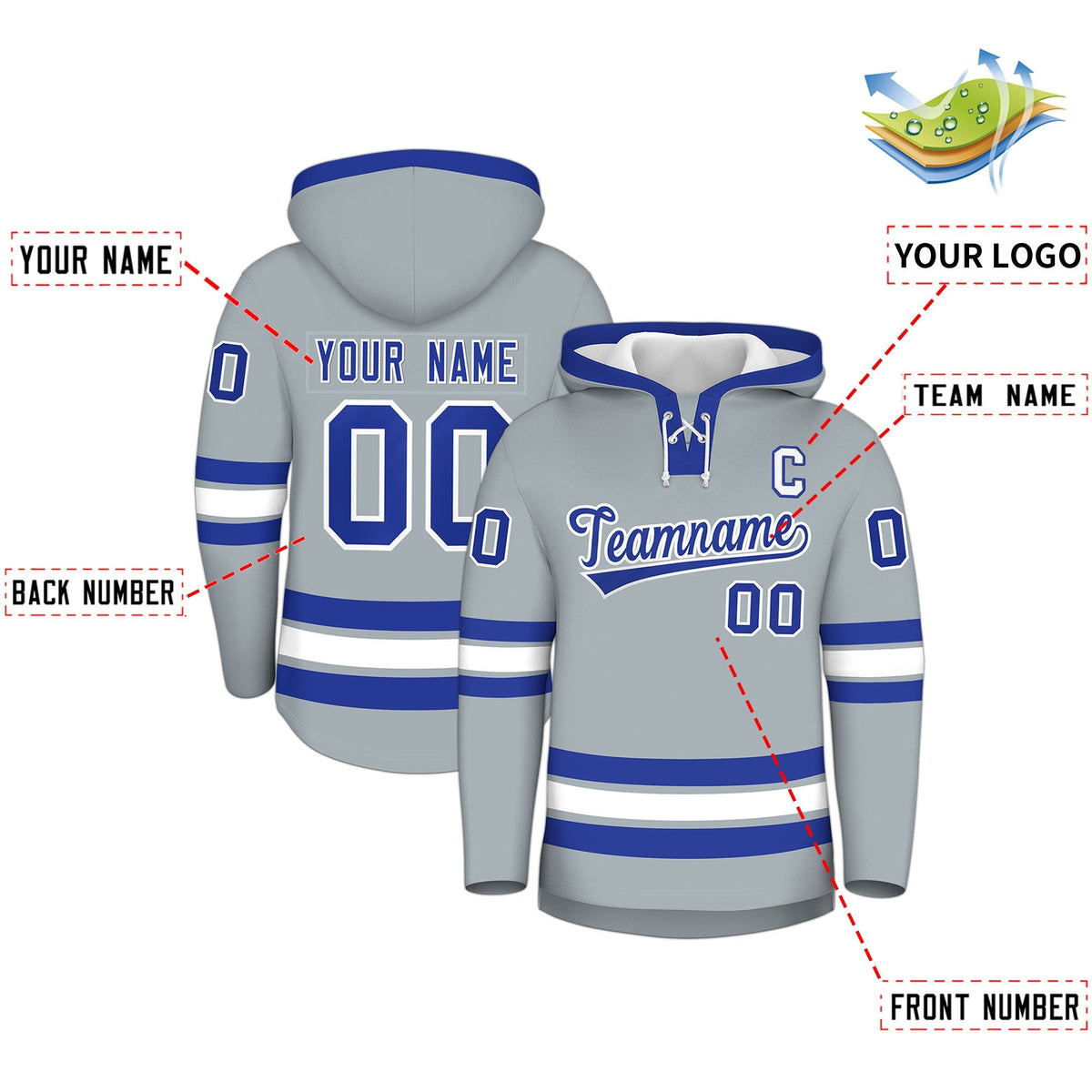 Custom Hockey Hoodie Jersey Silver Royal Blue Classic Style Add Name,Number &amp; Logo