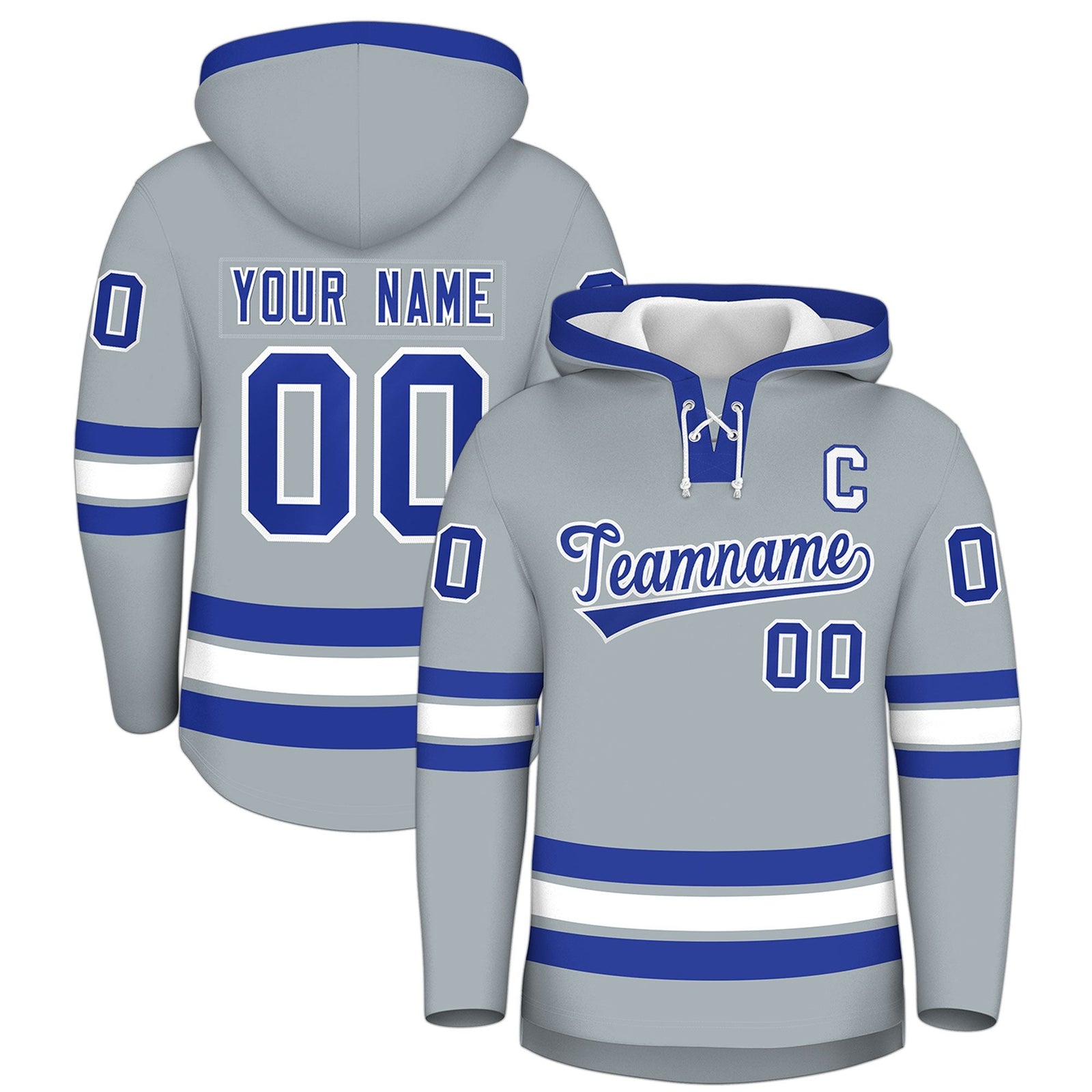 Custom Hockey Hoodie Jersey Silver Royal Blue Classic Style Add Name,Number & Logo