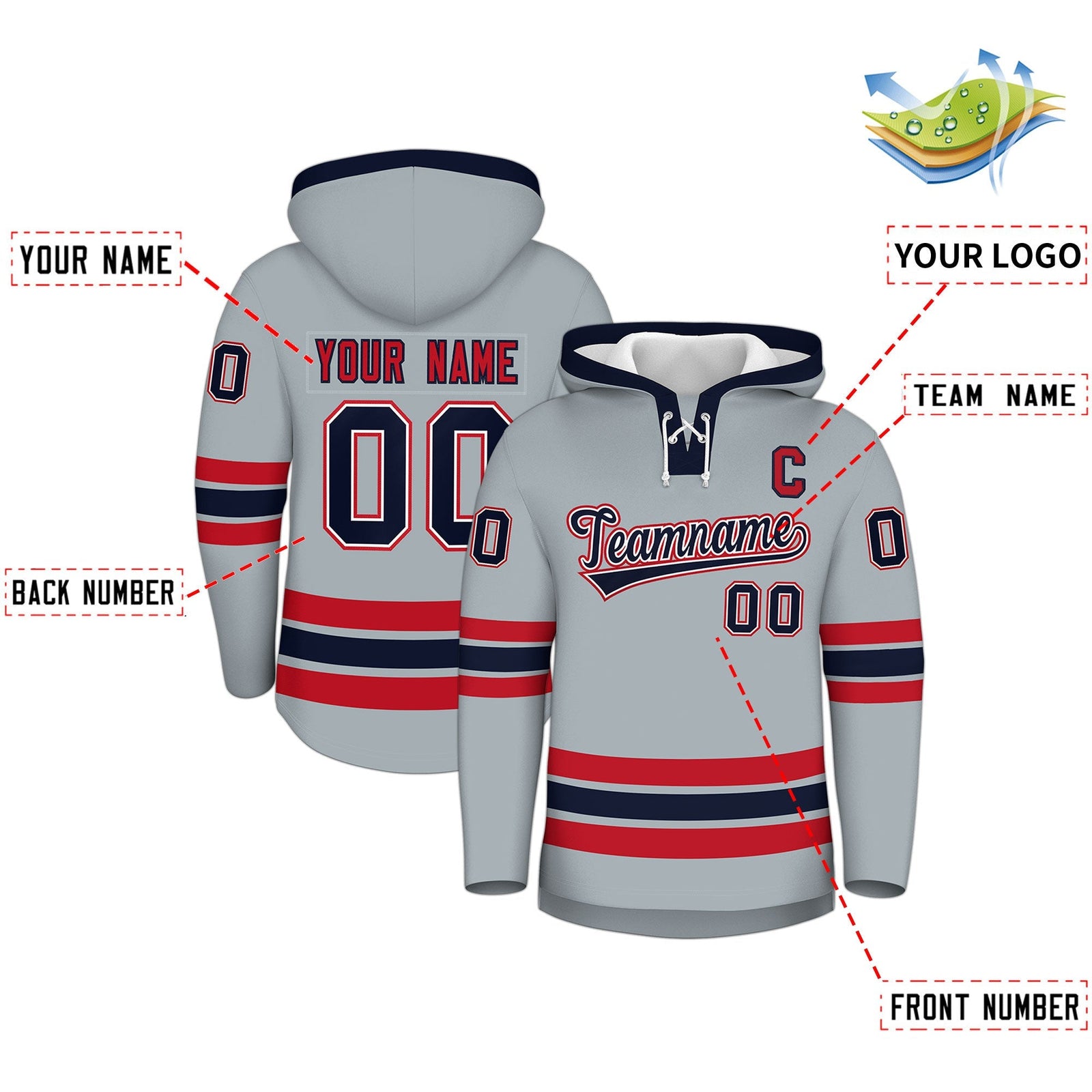 Custom Hockey Hoodie Jersey Silver Navy Classic Style Add Name,Number & Logo