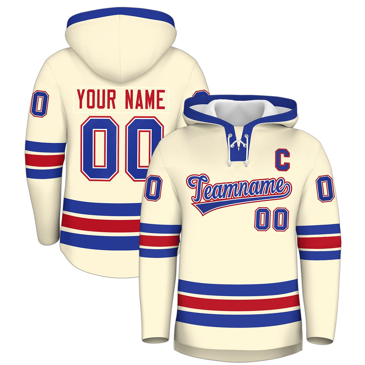 Custom Hockey Hoodie Jersey Cream Royal Blue Classic Style Add Name,Number &amp; Logo