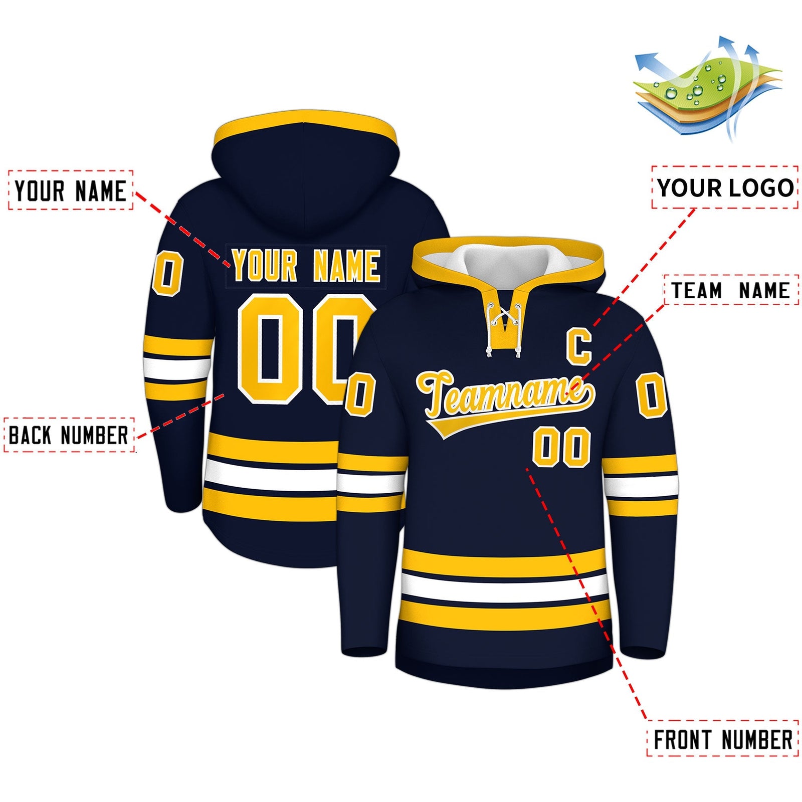 Custom Hockey Hoodie Jersey Navy White Classic Style Add Name,Number & Logo
