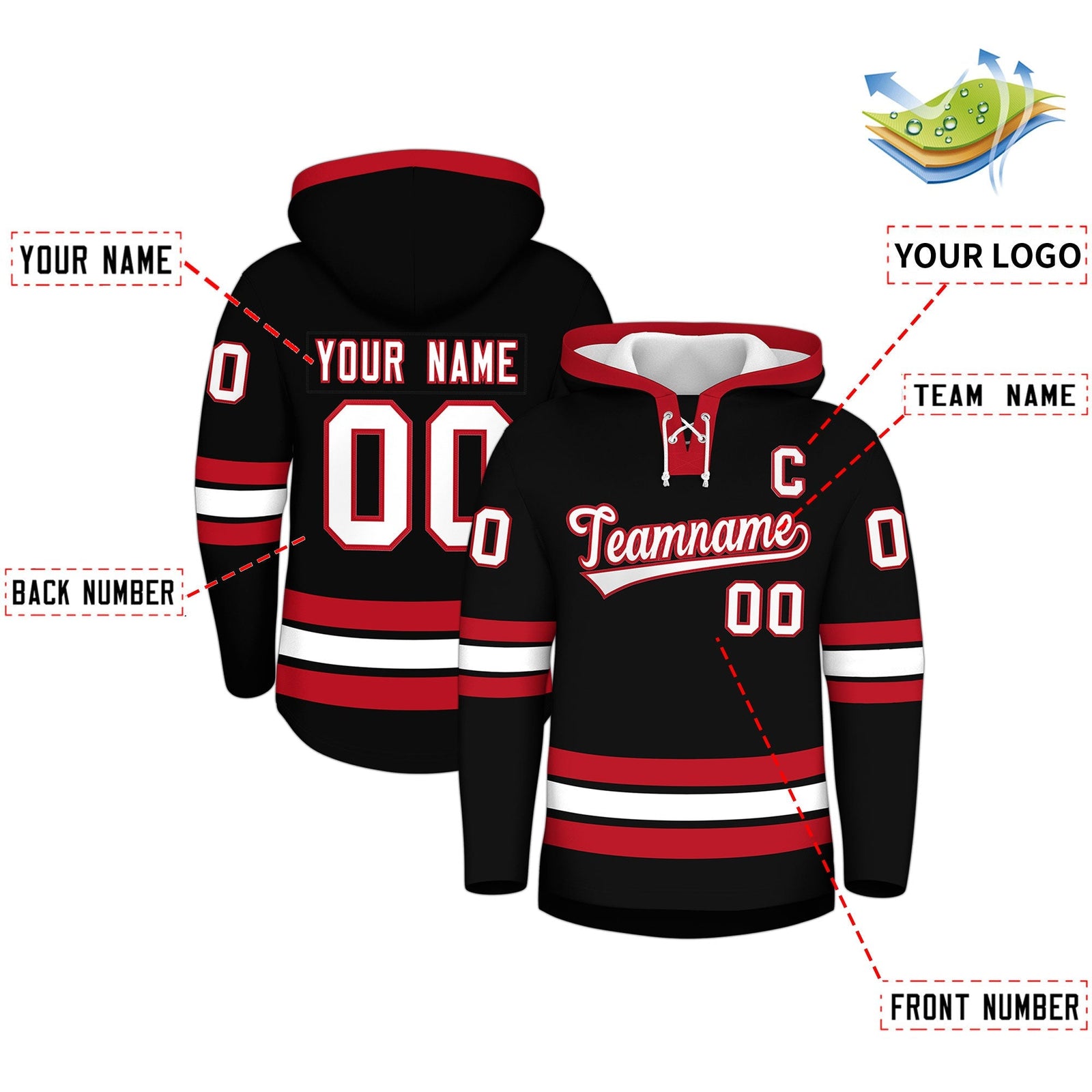 Custom Hockey Hoodie Jersey Black Red Classic Style Add Name,Number & Logo