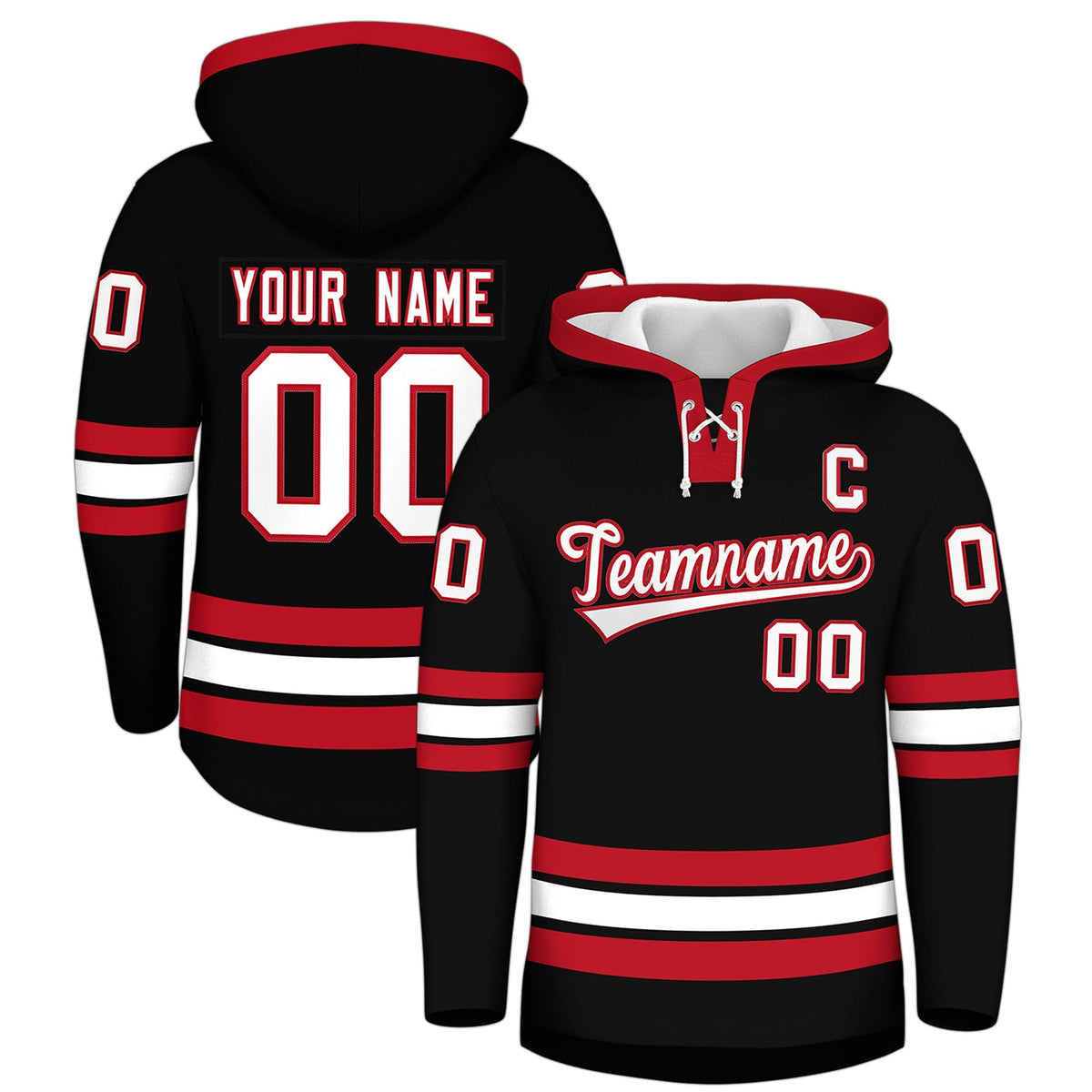 Custom Hockey Hoodie Jersey Black Red Classic Style Add Name,Number &amp; Logo