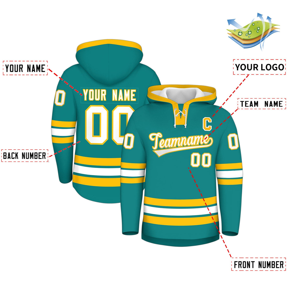 Custom Hockey Hoodie Jersey Teal Gold Classic Style Add Name,Number &amp; Logo