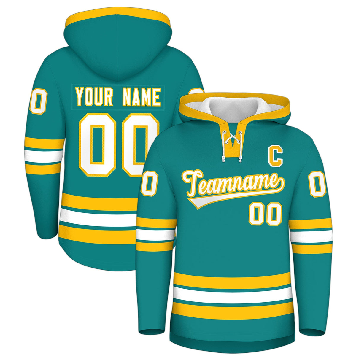 Custom Hockey Hoodie Jersey Teal Gold Classic Style Add Name,Number &amp; Logo