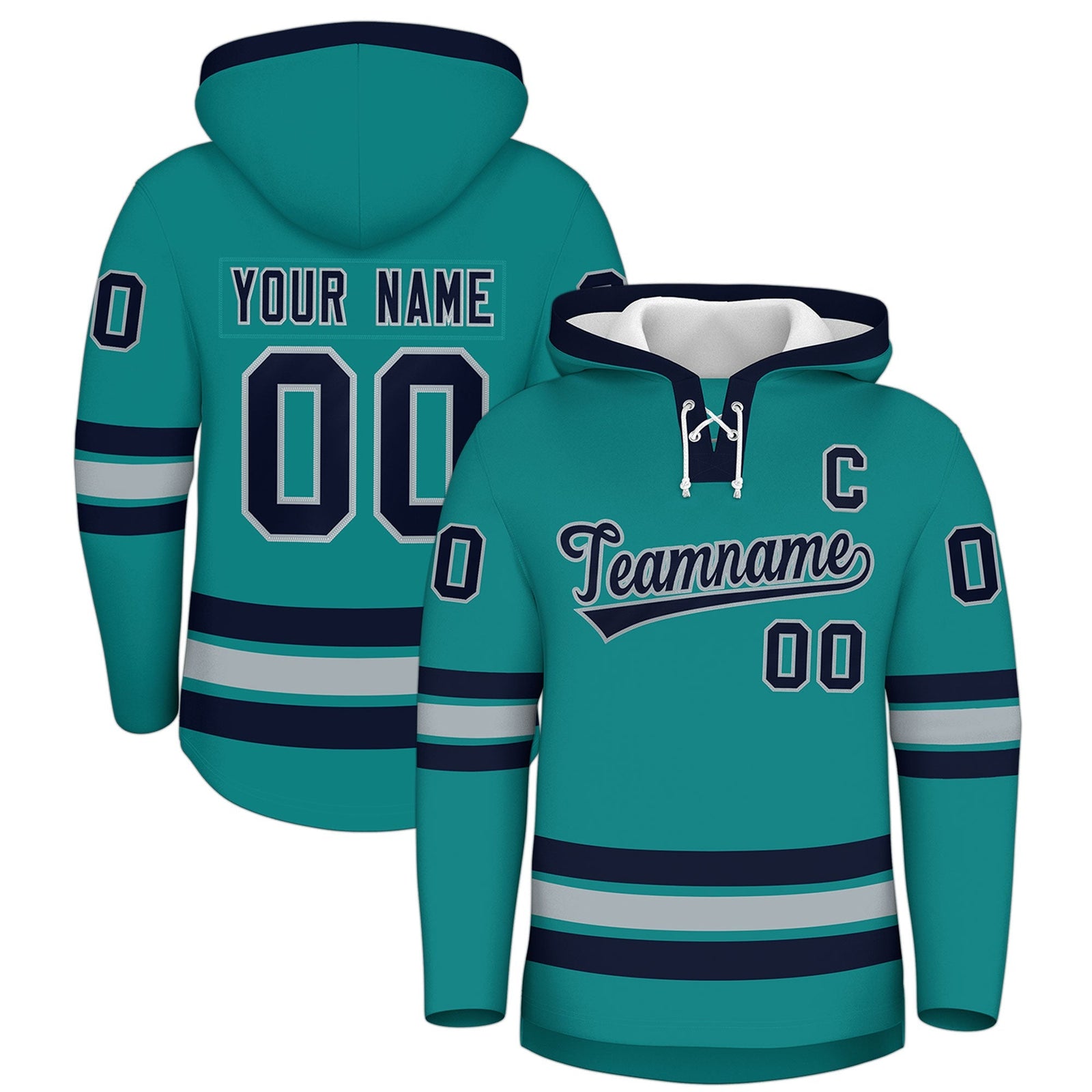 Custom Hockey Hoodie Jersey Teal Navy Classic Style Add Name,Number & Logo