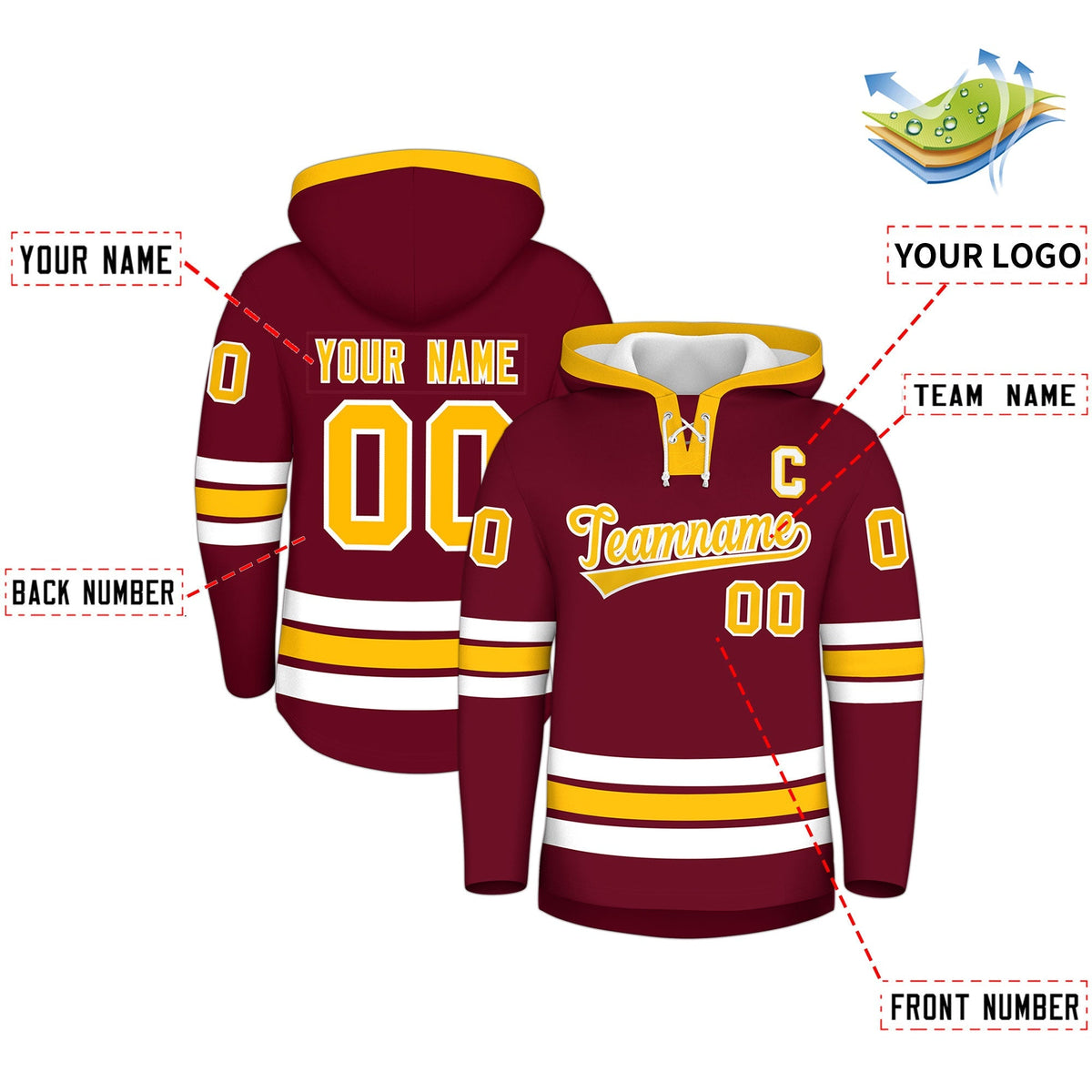 Custom Hockey Hoodie Jersey Crimson Gold Classic Style Add Name,Number &amp; Logo