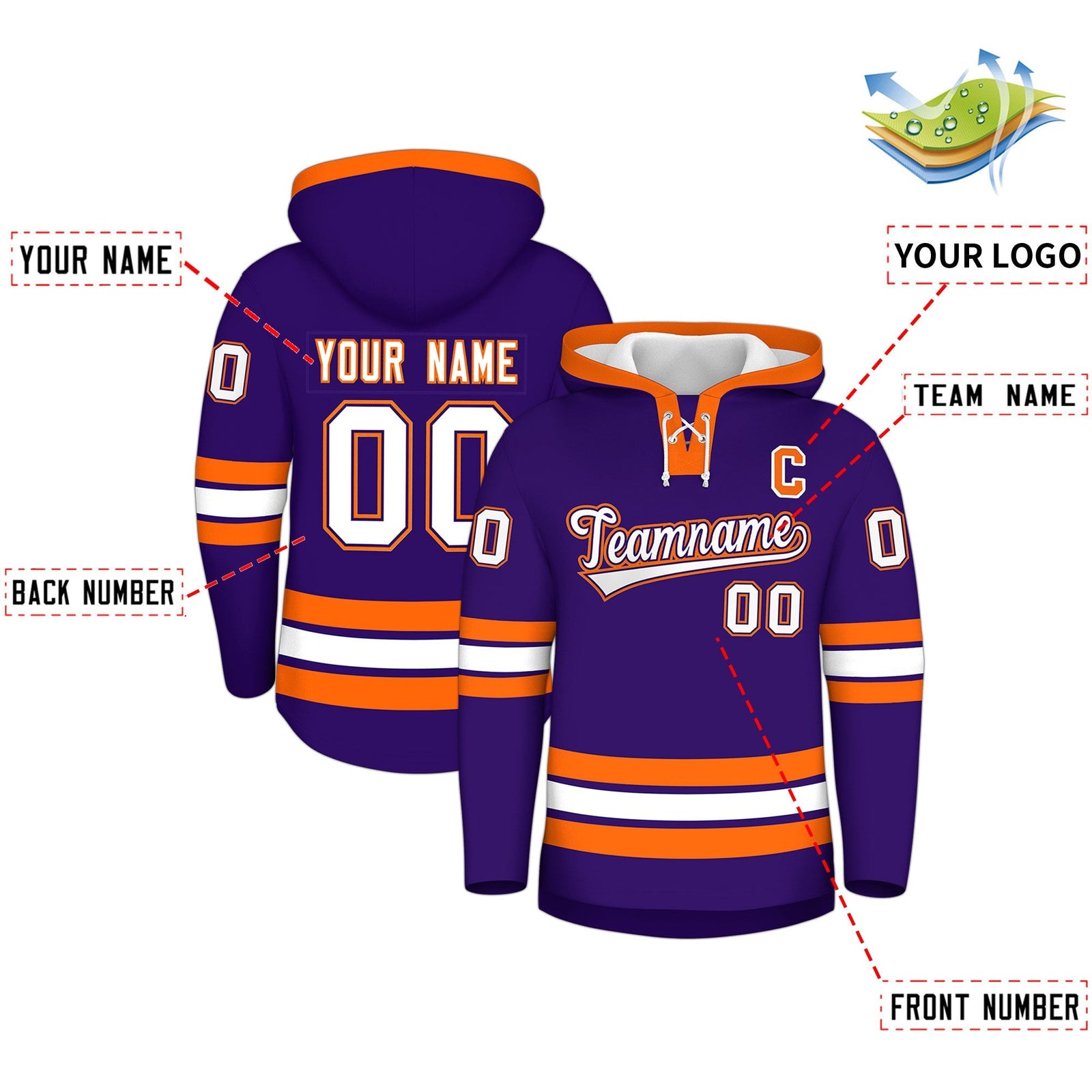 Custom Hockey Hoodie Jersey Purple Orange Classic Style Add Name,Number & Logo