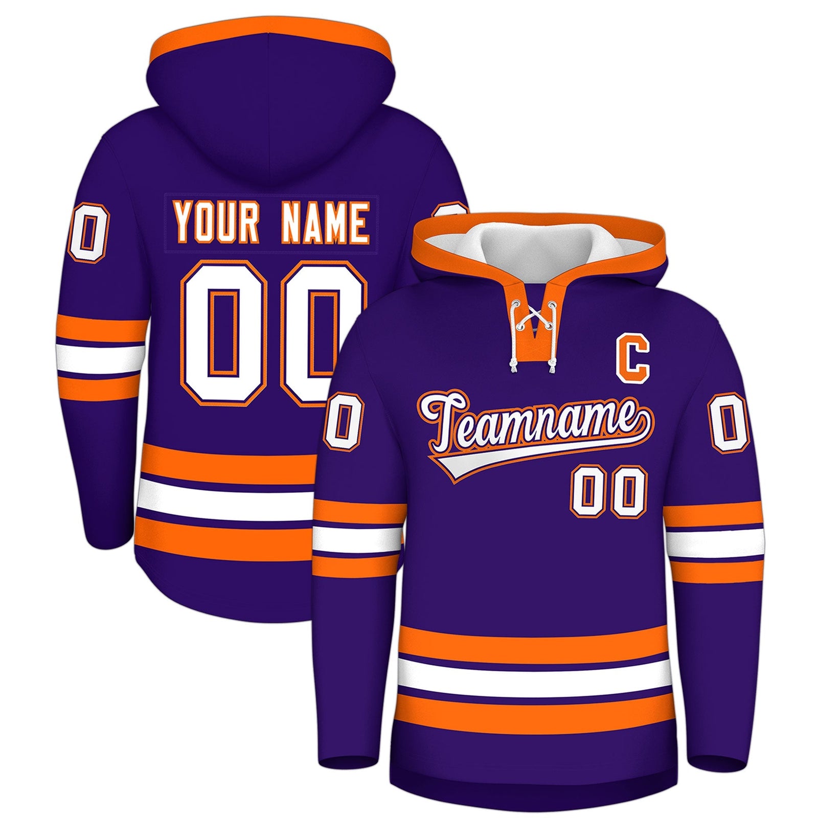 Custom Hockey Hoodie Jersey Purple Orange Classic Style Add Name,Number & Logo
