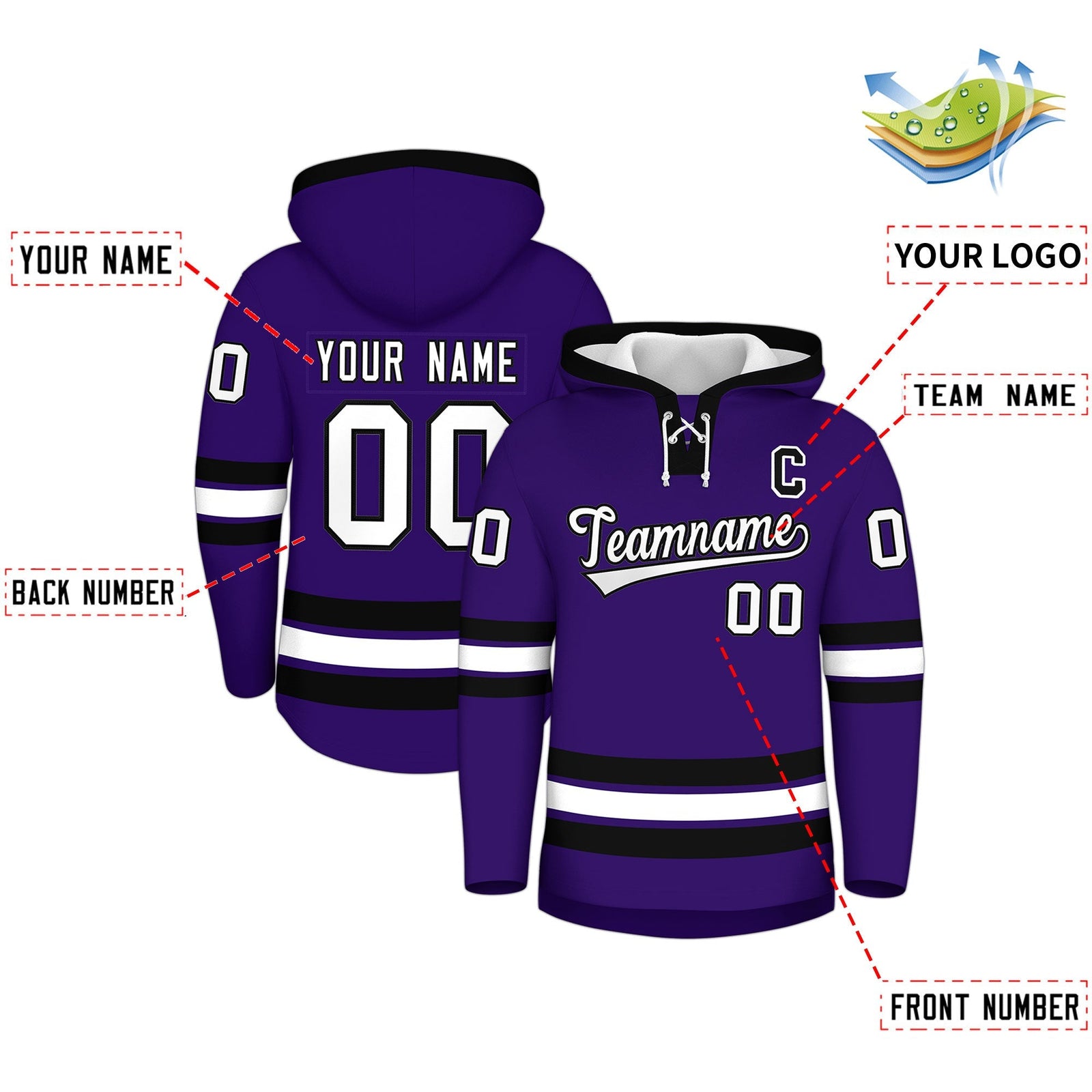 Custom Hockey Hoodie Jersey Purple Black Classic Style Add Name,Number & Logo