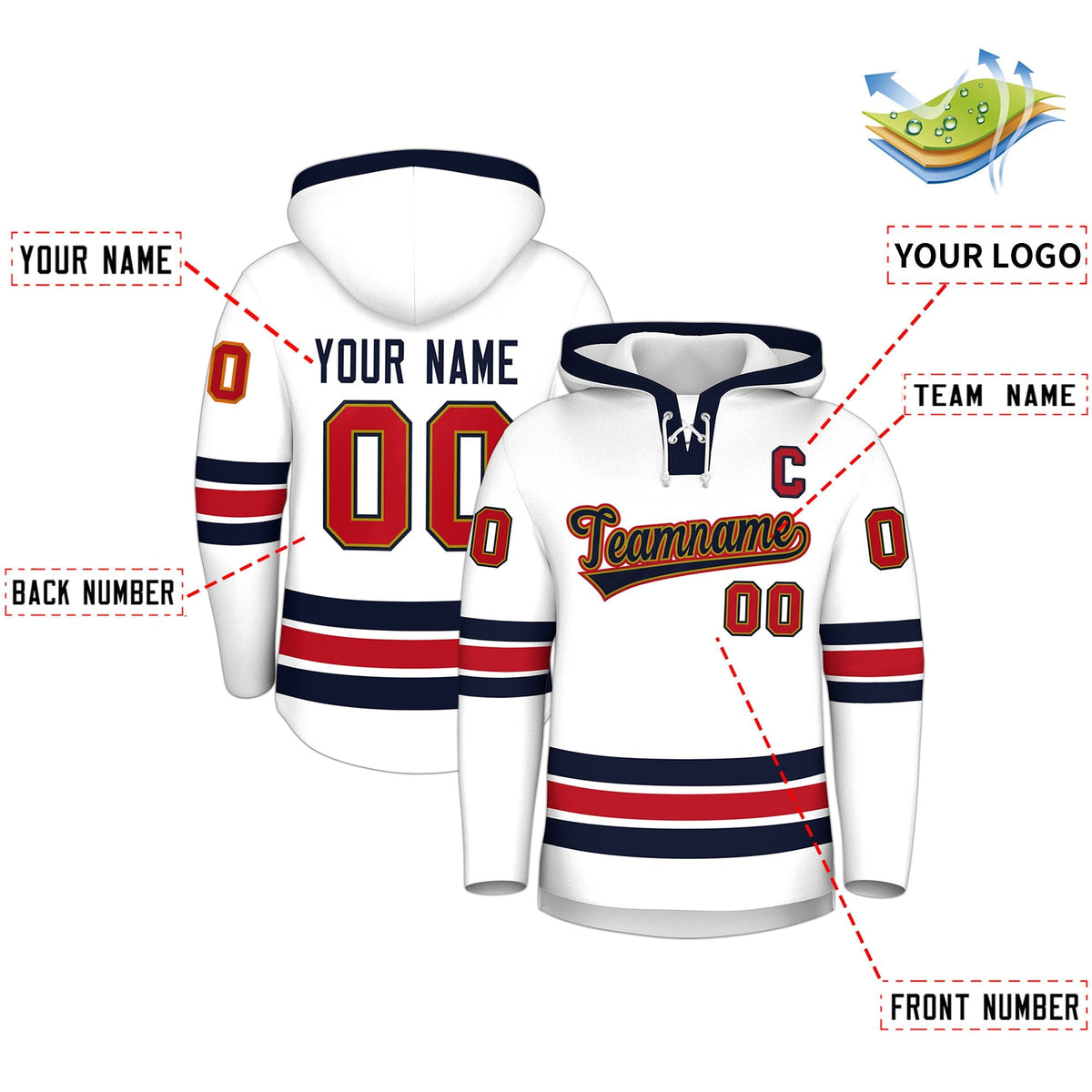 Custom Hockey Hoodie Jersey White Navy Classic Style Add Name,Number &amp; Logo