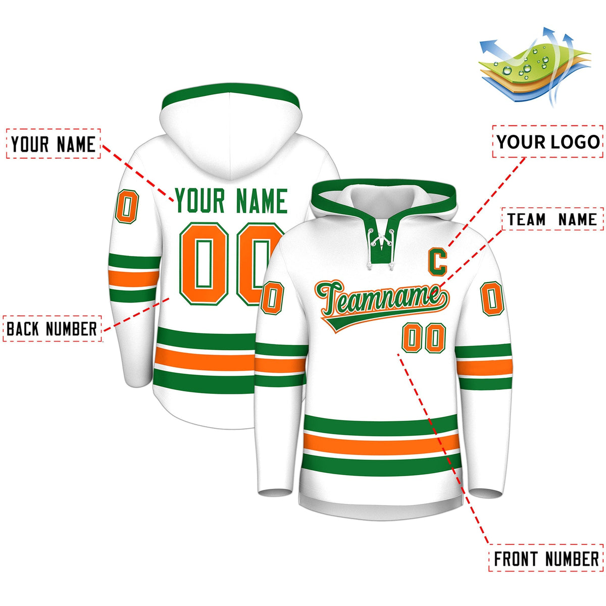 Custom Hockey Hoodie Jersey White Kelly Green Classic Style for Men&amp;Youth
