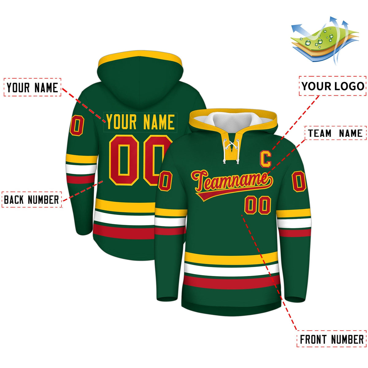 Custom Hockey Hoodie Jersey Dark Green Gold Classic Style Add Name,Number &amp; Logo