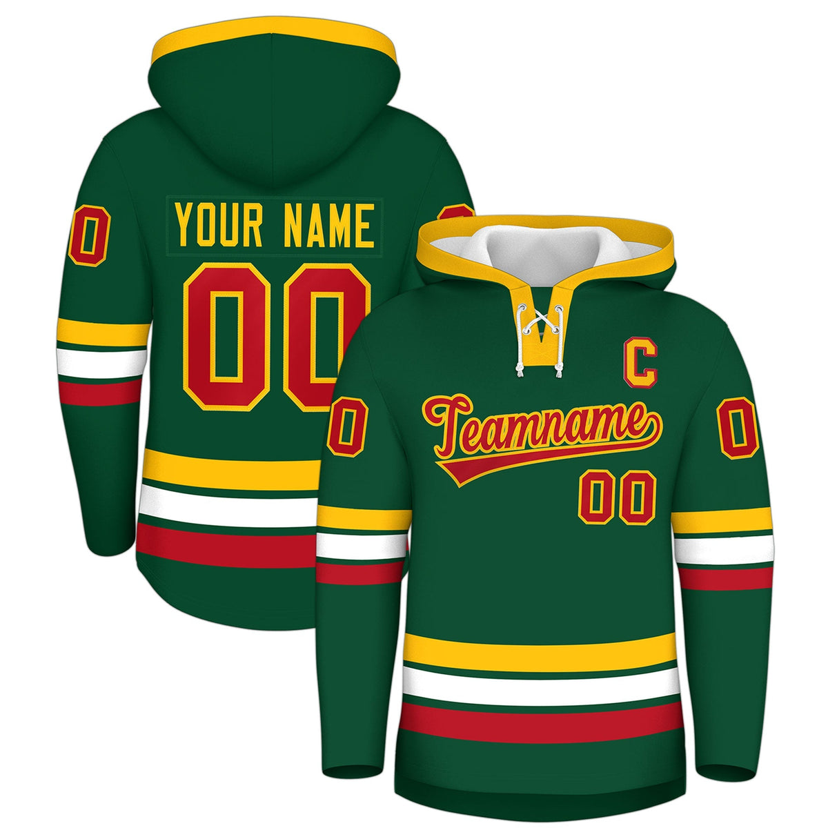 Custom Hockey Hoodie Jersey Dark Green Gold Classic Style Add Name,Number &amp; Logo