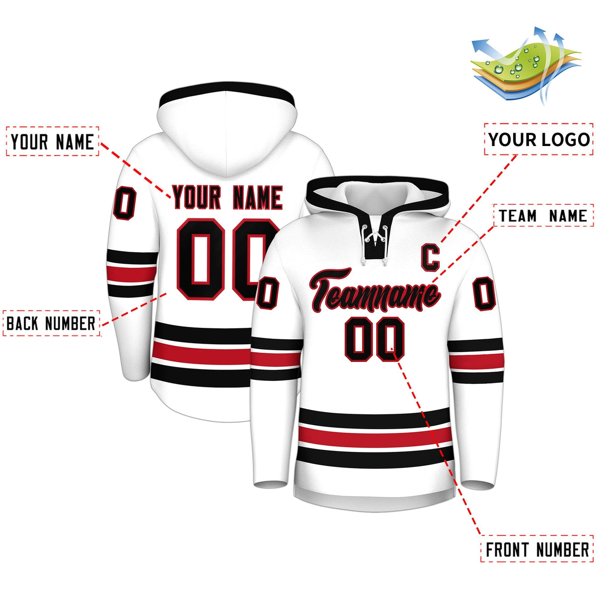 Custom Hockey Hoodie Jersey White Black Classic Style Add Name,Number&amp;Logo