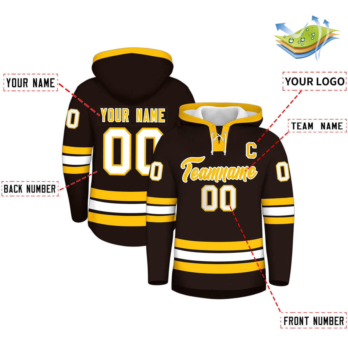 Custom Hockey Hoodie Jersey Brown Gold Classic Style Add Name,Number &amp; Logo