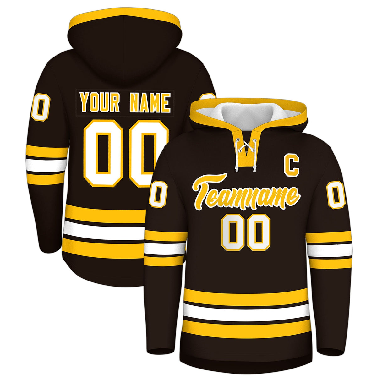 Custom Hockey Hoodie Jersey Brown Gold Classic Style Add Name,Number &amp; Logo