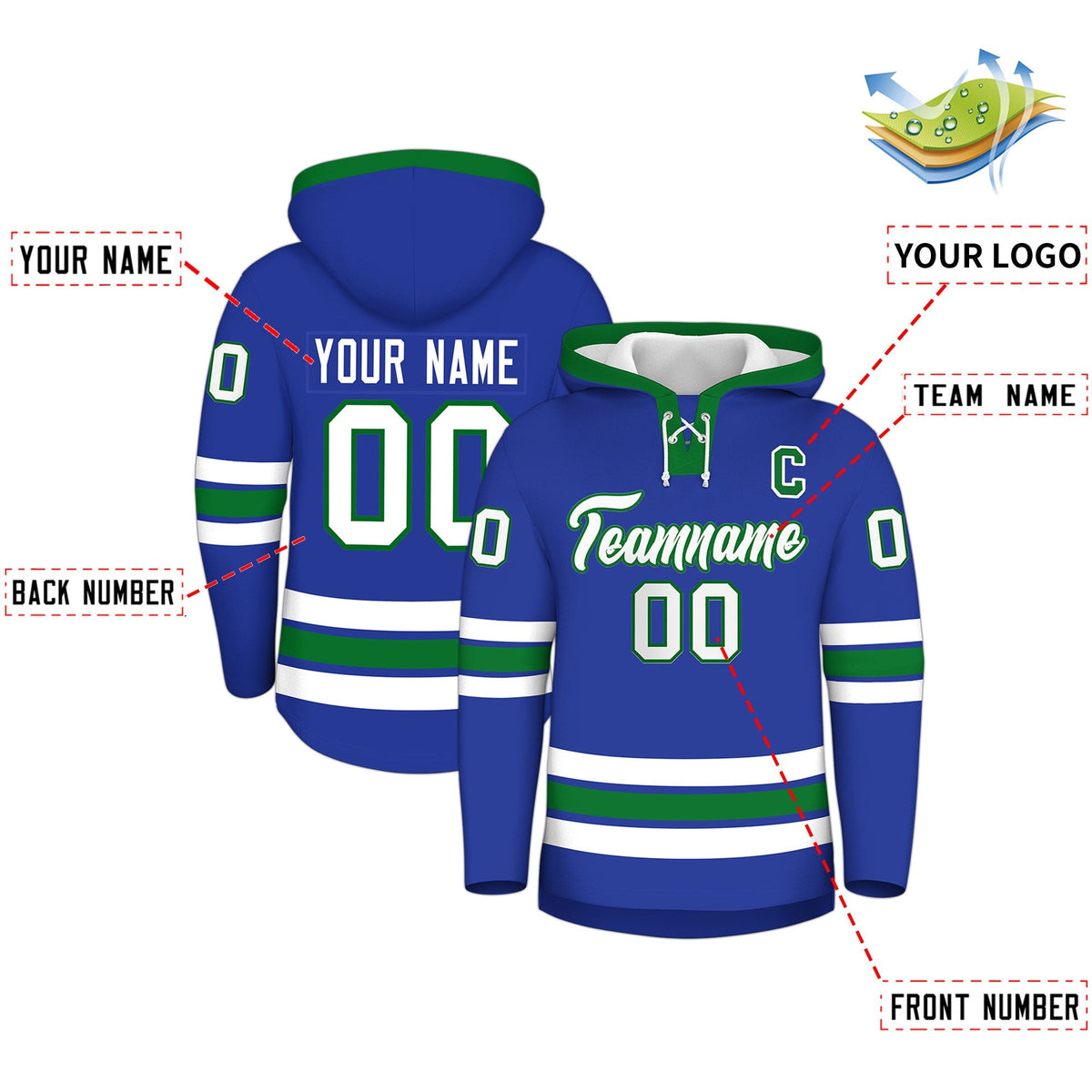 Custom Hockey Hoodie Jersey Royal Blue Kelly Green Classic Style for Men&amp;Youth