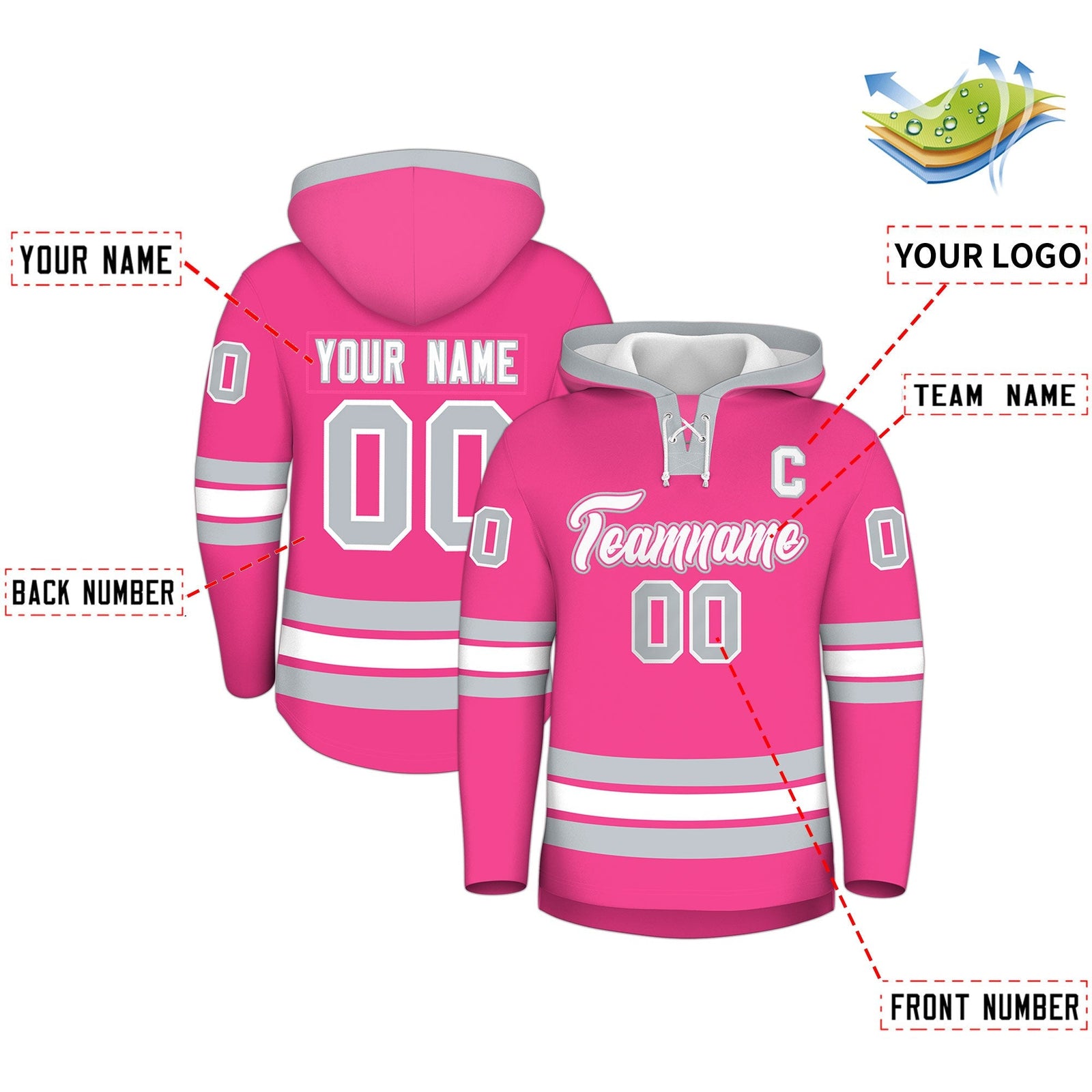 Custom Hockey Hoodie Jersey Pink Silver Classic Style Add Name,Number & Logo