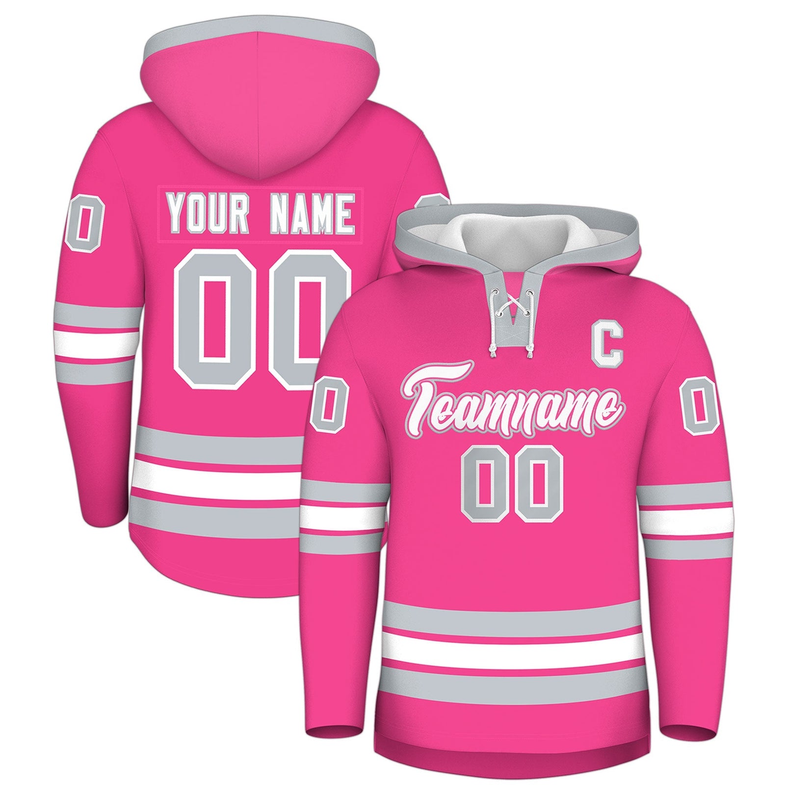 Custom Hockey Hoodie Jersey Pink Silver Classic Style Add Name,Number & Logo