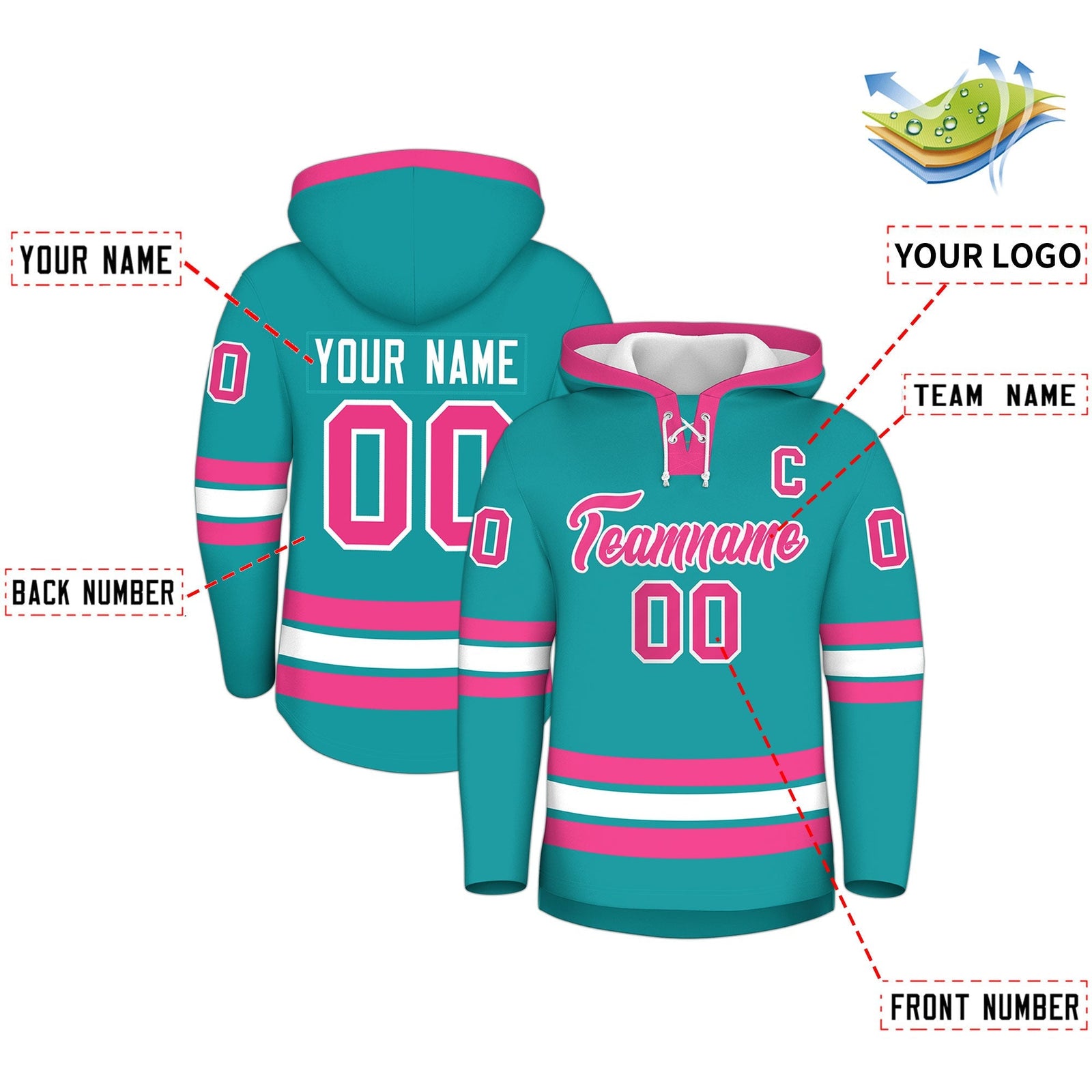 Custom Hockey Hoodie Jersey Aqua Pink Classic Style Add Name,Number & Logo