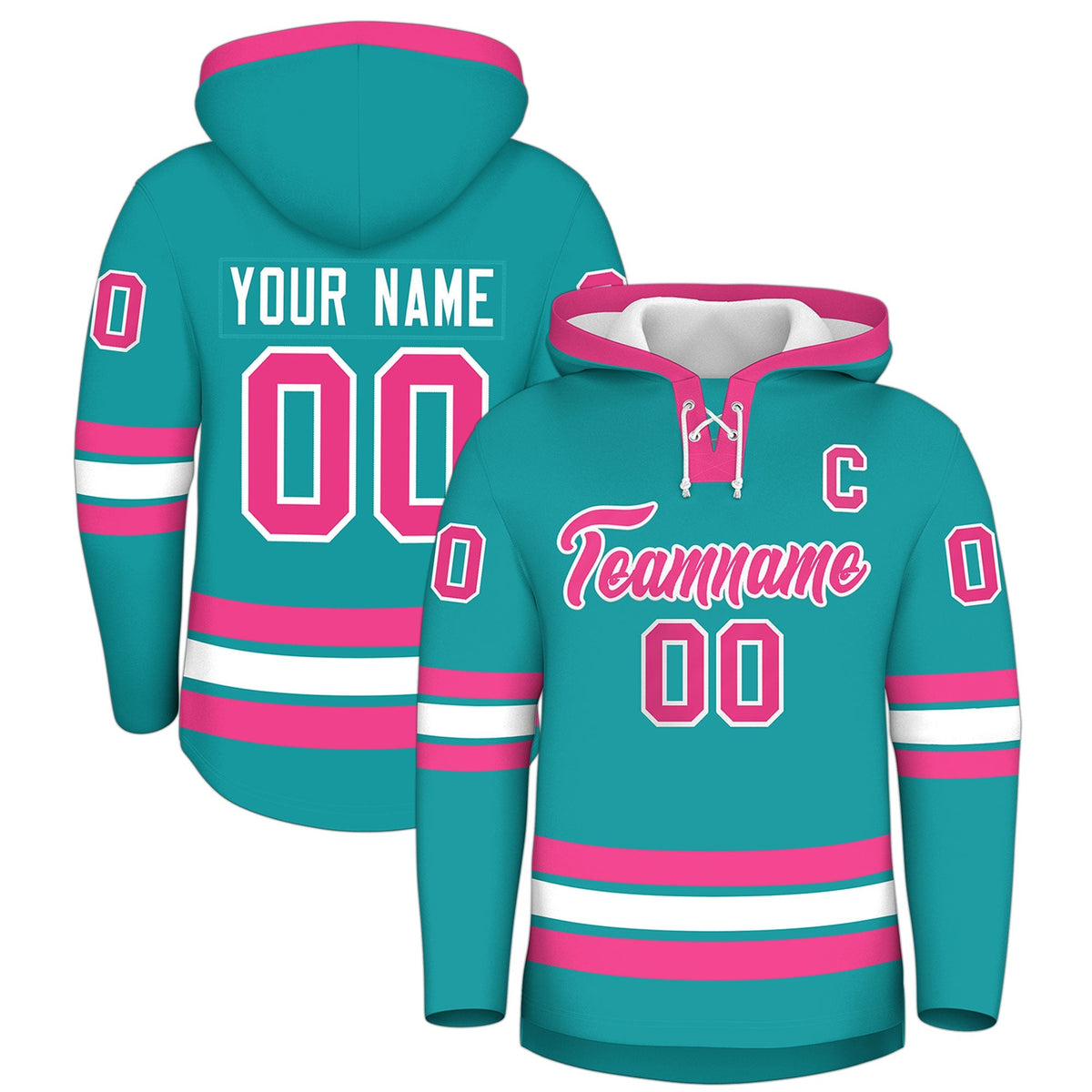 Custom Hockey Hoodie Jersey Aqua Pink Classic Style Add Name,Number &amp; Logo