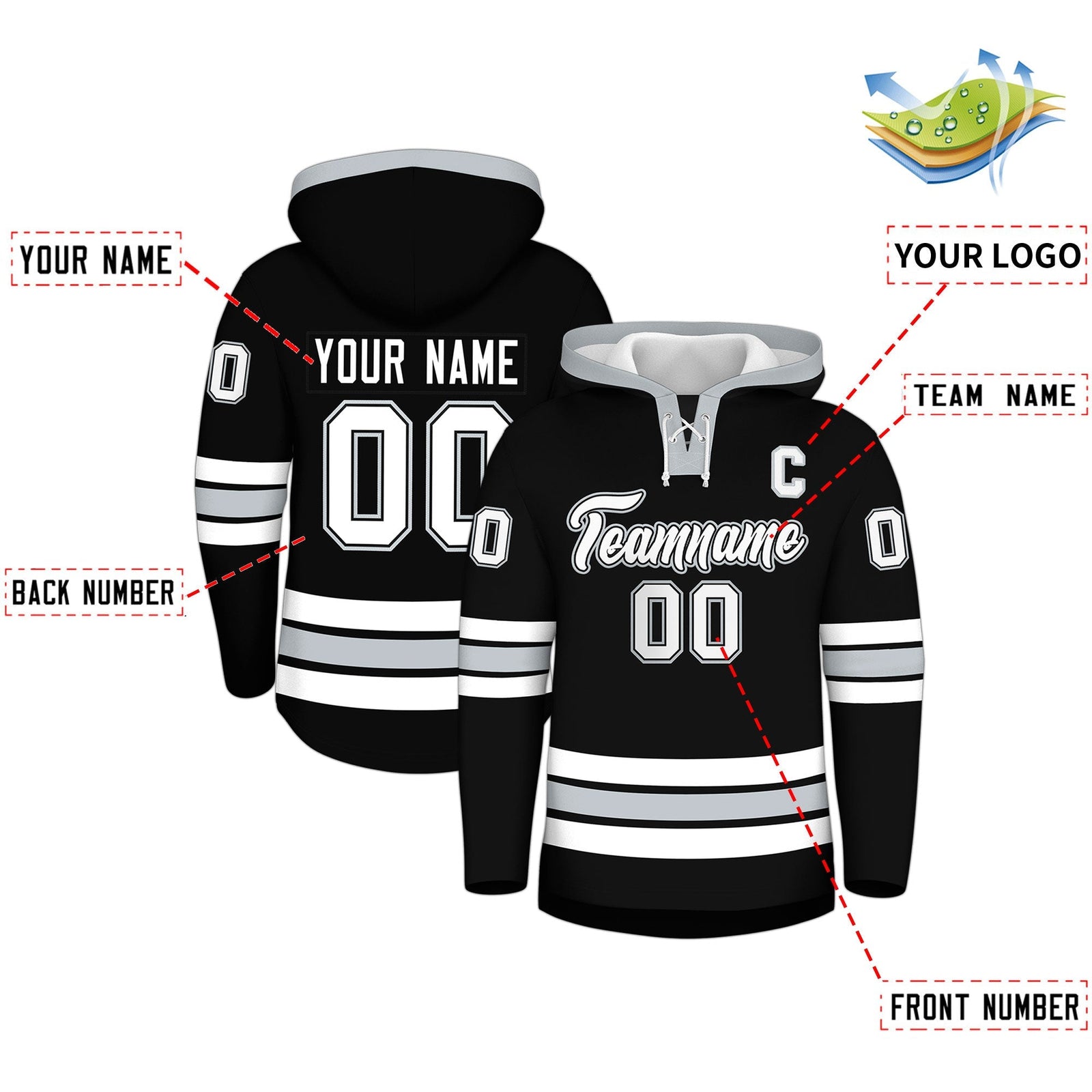 Custom Hockey Hoodie Jersey Black Silver Classic Style for Men&Youth