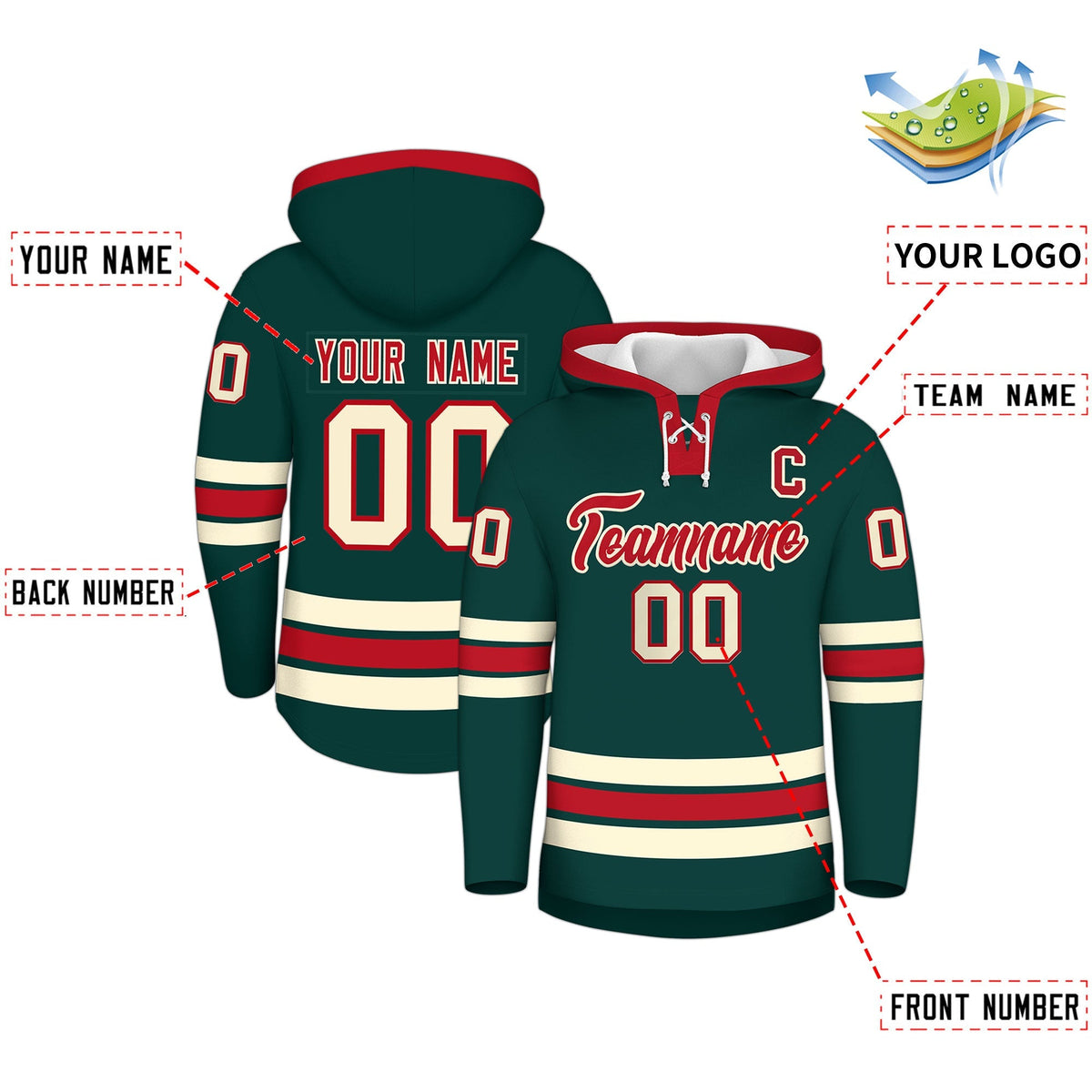 Custom Hockey Hoodie Jersey Midnight Green Red Classic Style Add Name,Number &amp; Logo