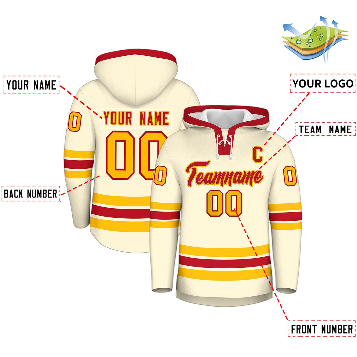 Custom Hockey Hoodie Jersey Cream Red Classic Style Add Name,Number &amp; Logo