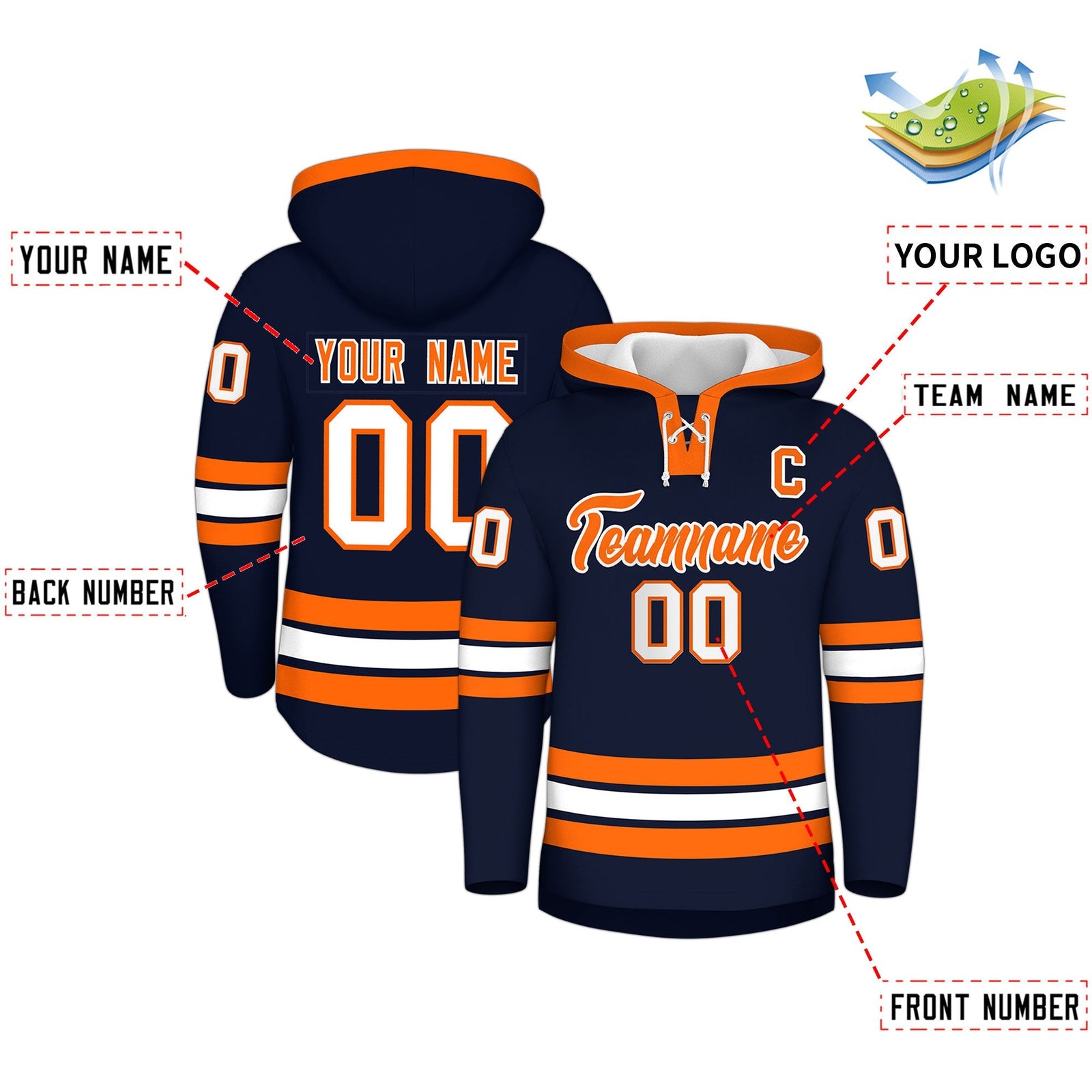 Custom Hockey Hoodie Jersey Navy Orange Classic Style for Men&Youth