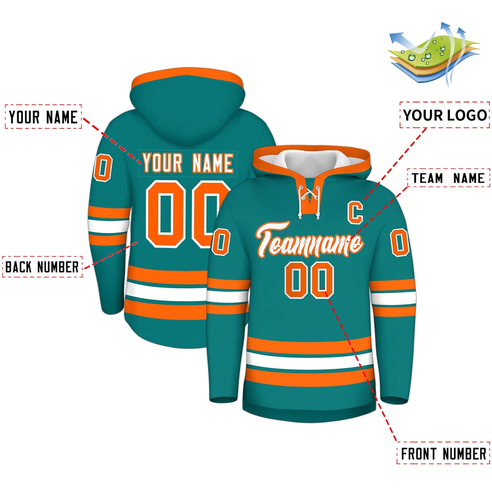 Custom Hockey Hoodie Jersey Teal Orange Classic Style Add Name,Number & Logo