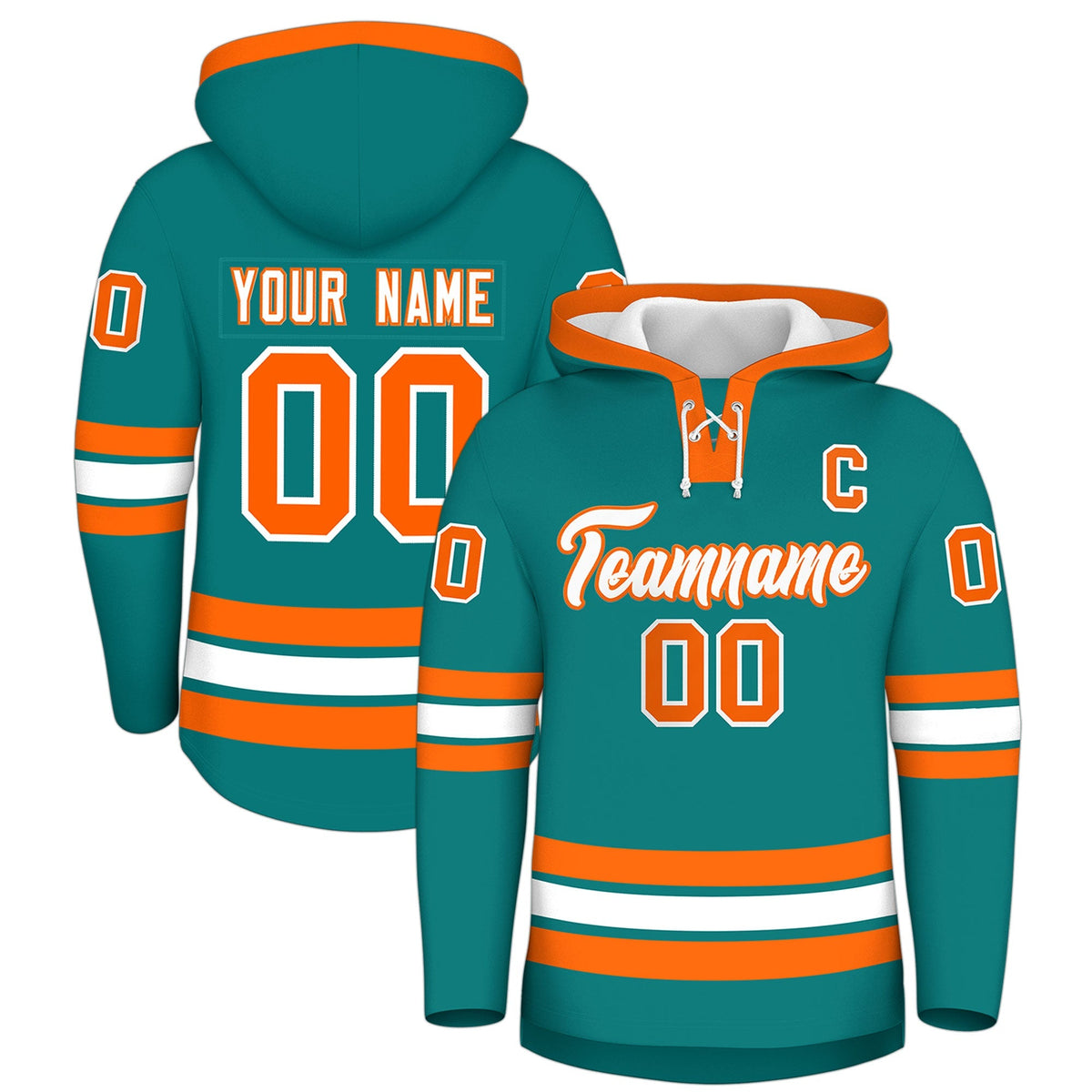 Custom Hockey Hoodie Jersey Teal Orange Classic Style Add Name,Number &amp; Logo