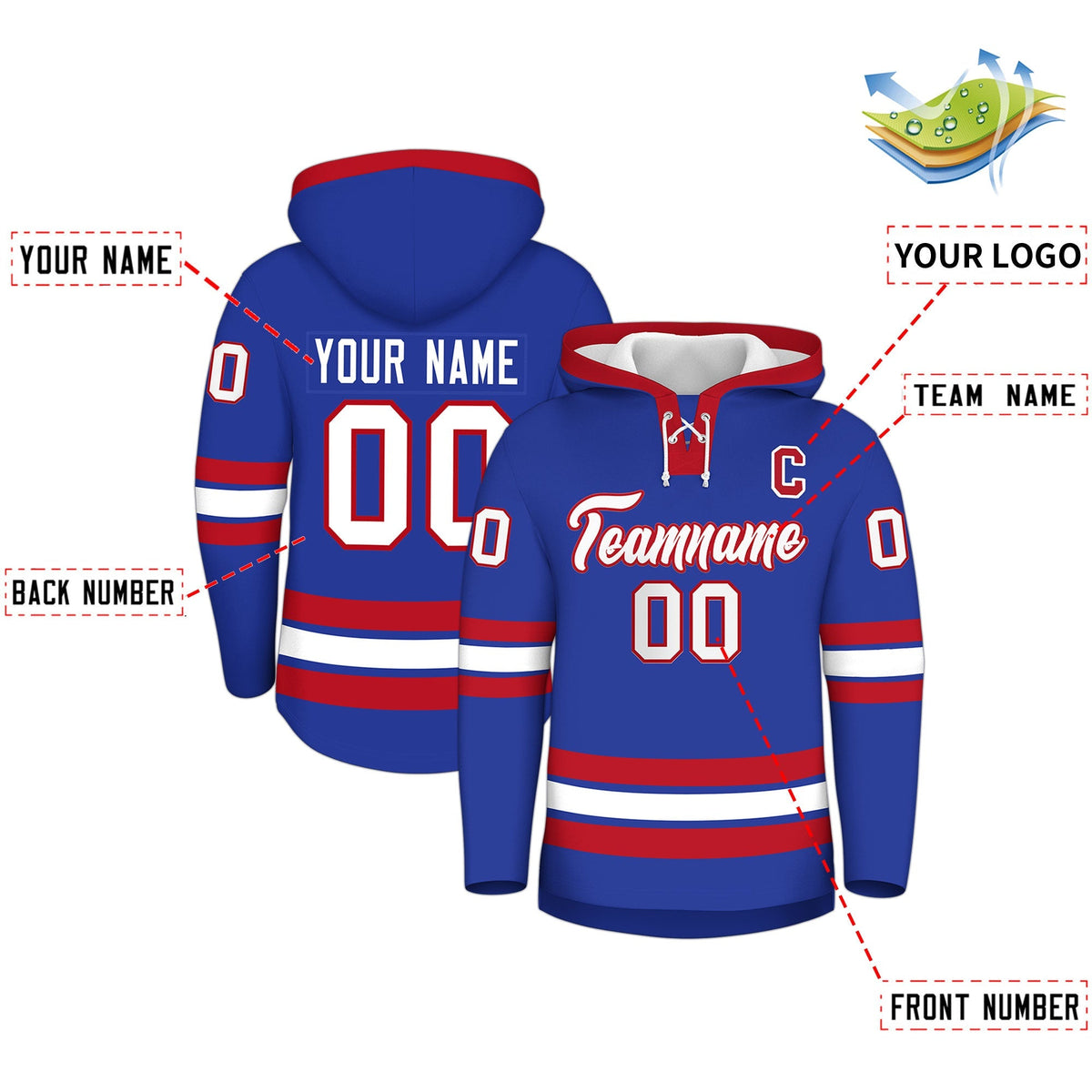 Custom Hockey Hoodie Jersey Royal Blue Red Classic Style Add Name,Number &amp; Logo