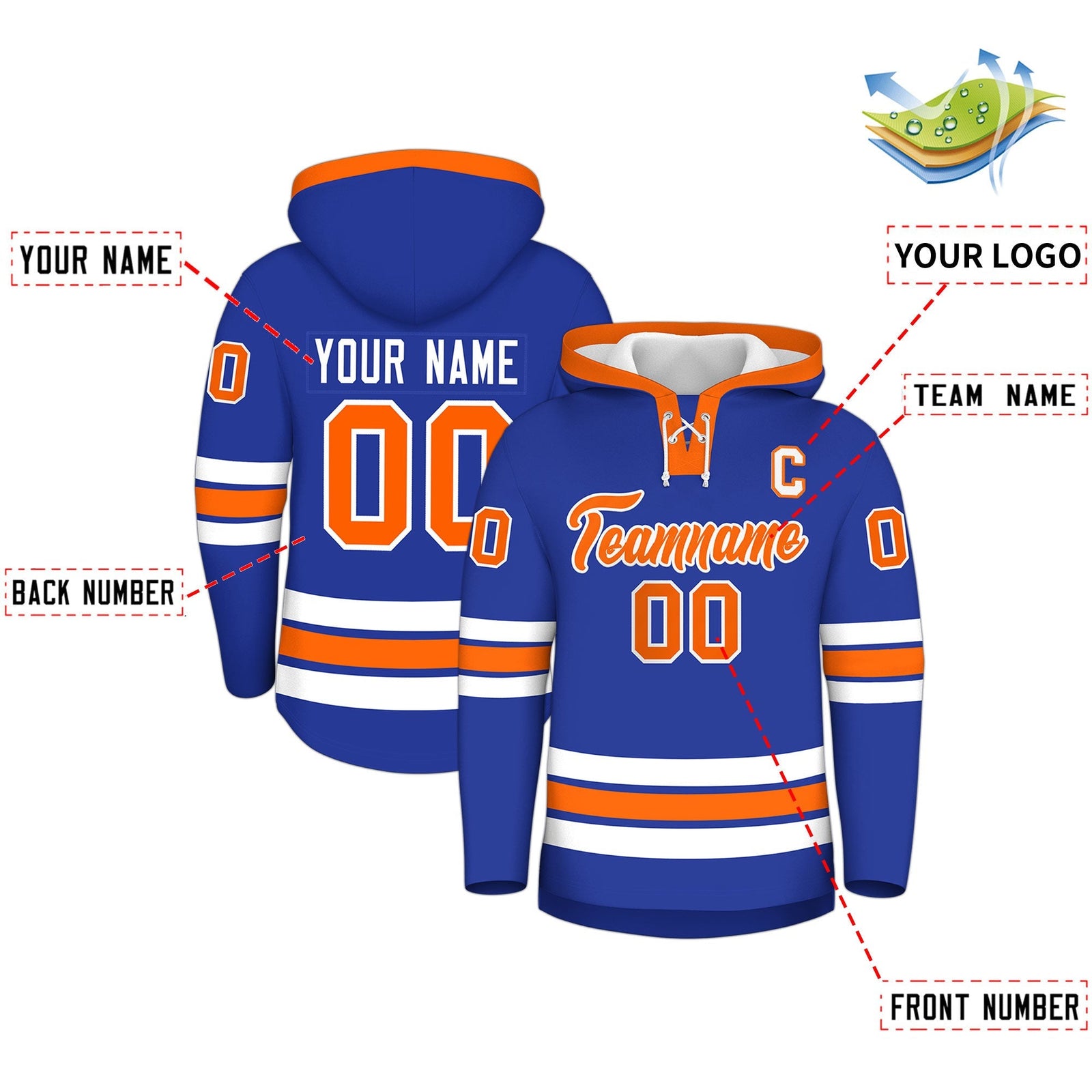 Custom Hockey Hoodie Jersey Royal Blue Orange Classic Style for Men&Youth