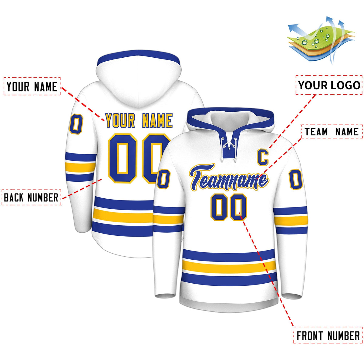 Custom Hockey Hoodie Jersey White Royal Blue Classic Style Add Name,Number &amp; Logo
