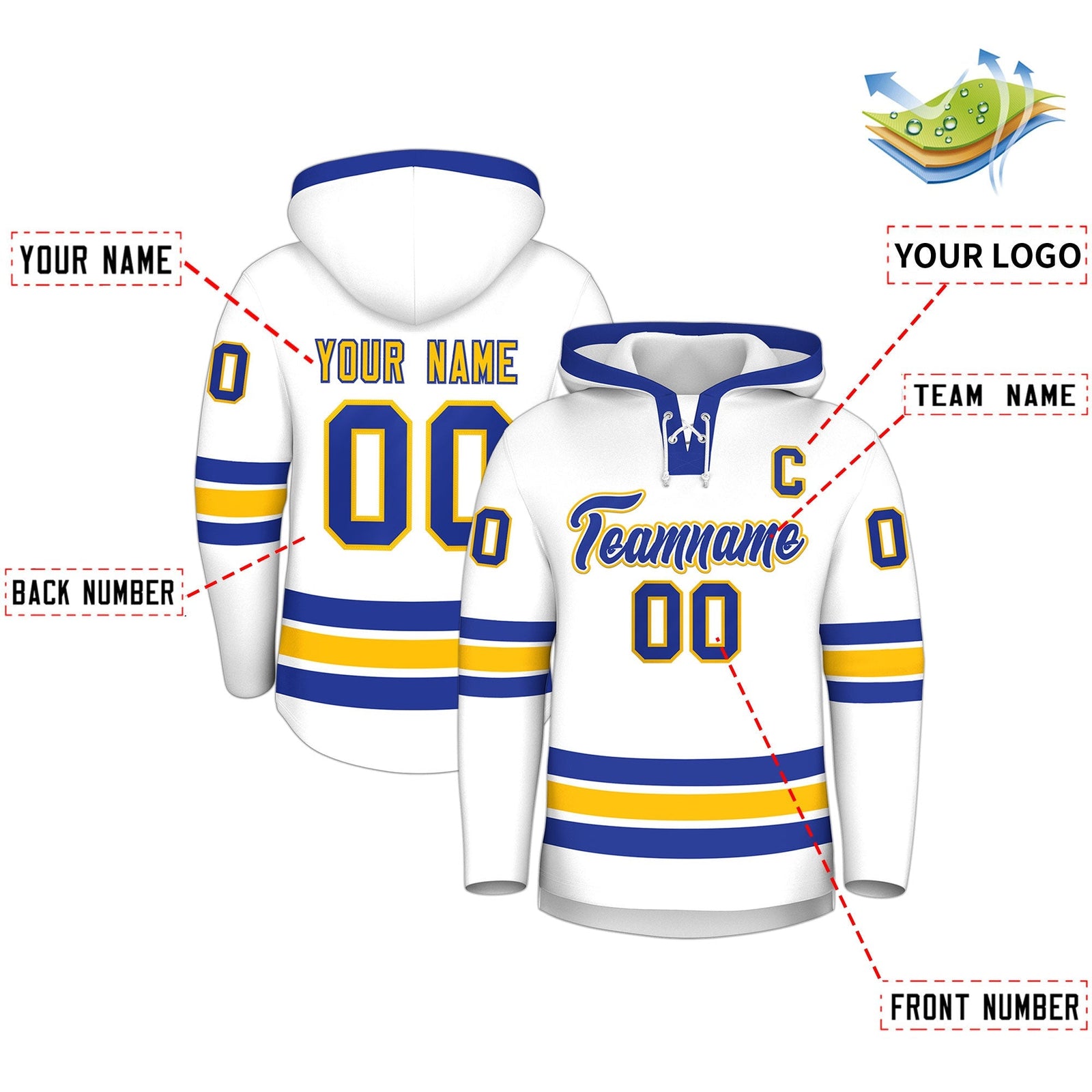Custom Hockey Hoodie Jersey White Royal Blue Classic Style Add Name,Number & Logo