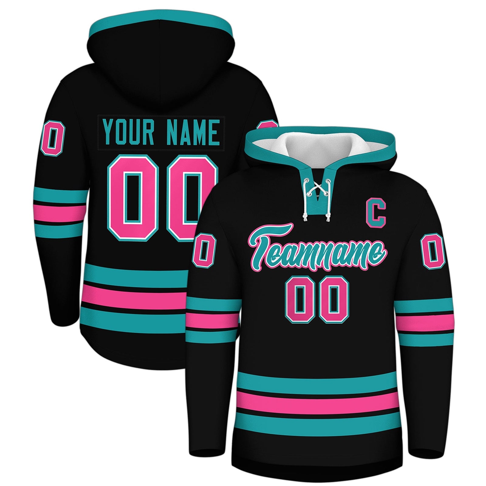Custom Hockey Hoodie Jersey Black Aqua Classic Style Add Name,Number & Logo