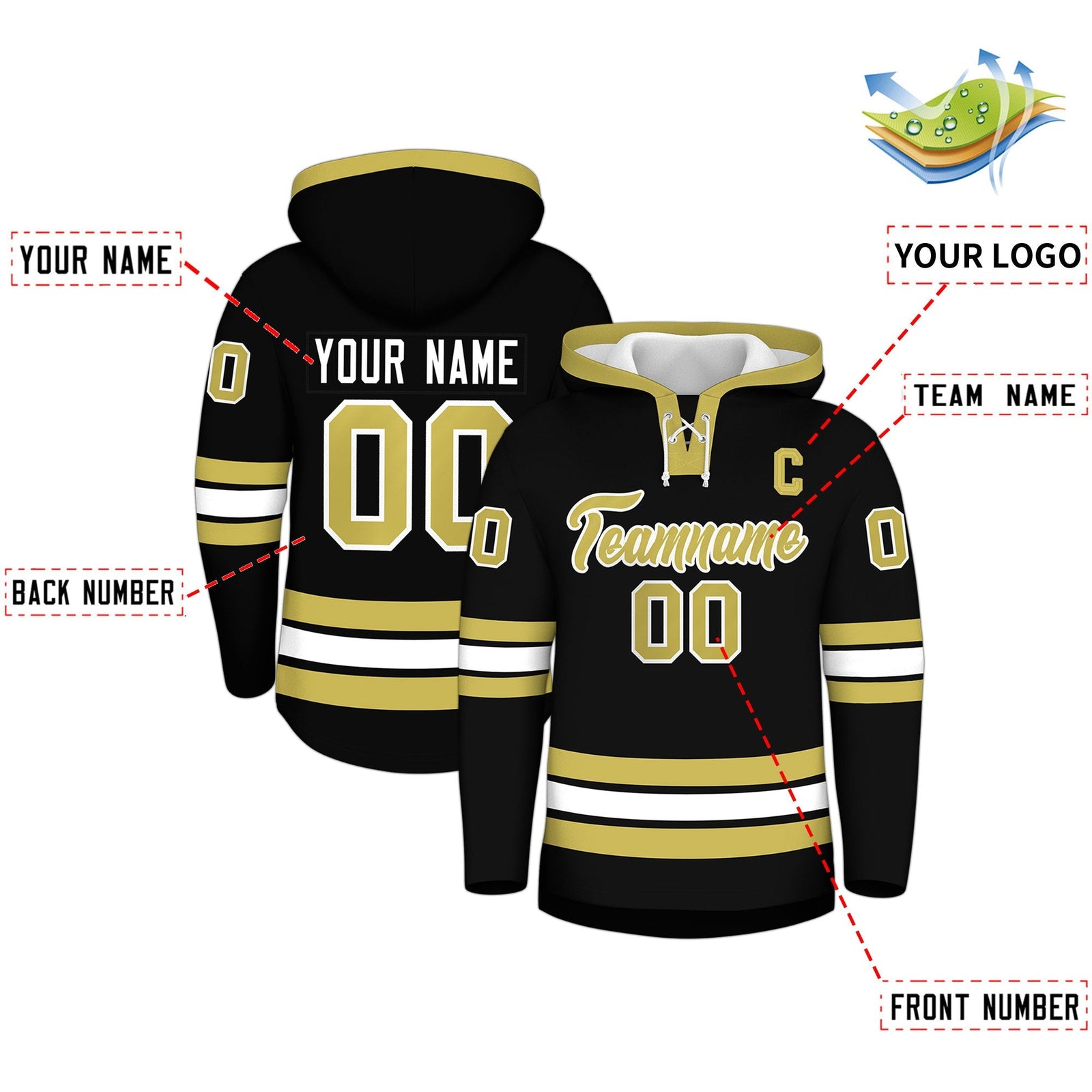 Custom Hockey Hoodie Jersey Black Old Gold Classic Style for Men&Youth