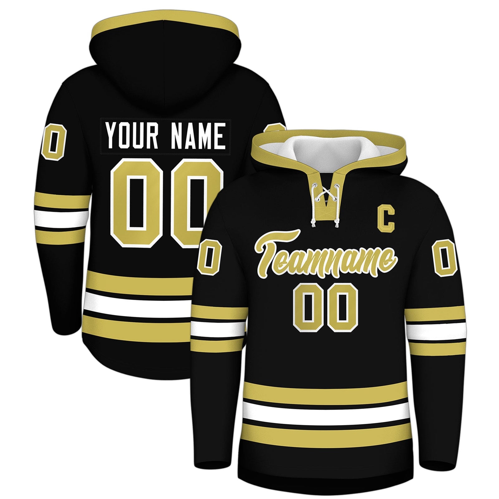 Custom Hockey Hoodie Jersey Black Old Gold Classic Style for Men&Youth